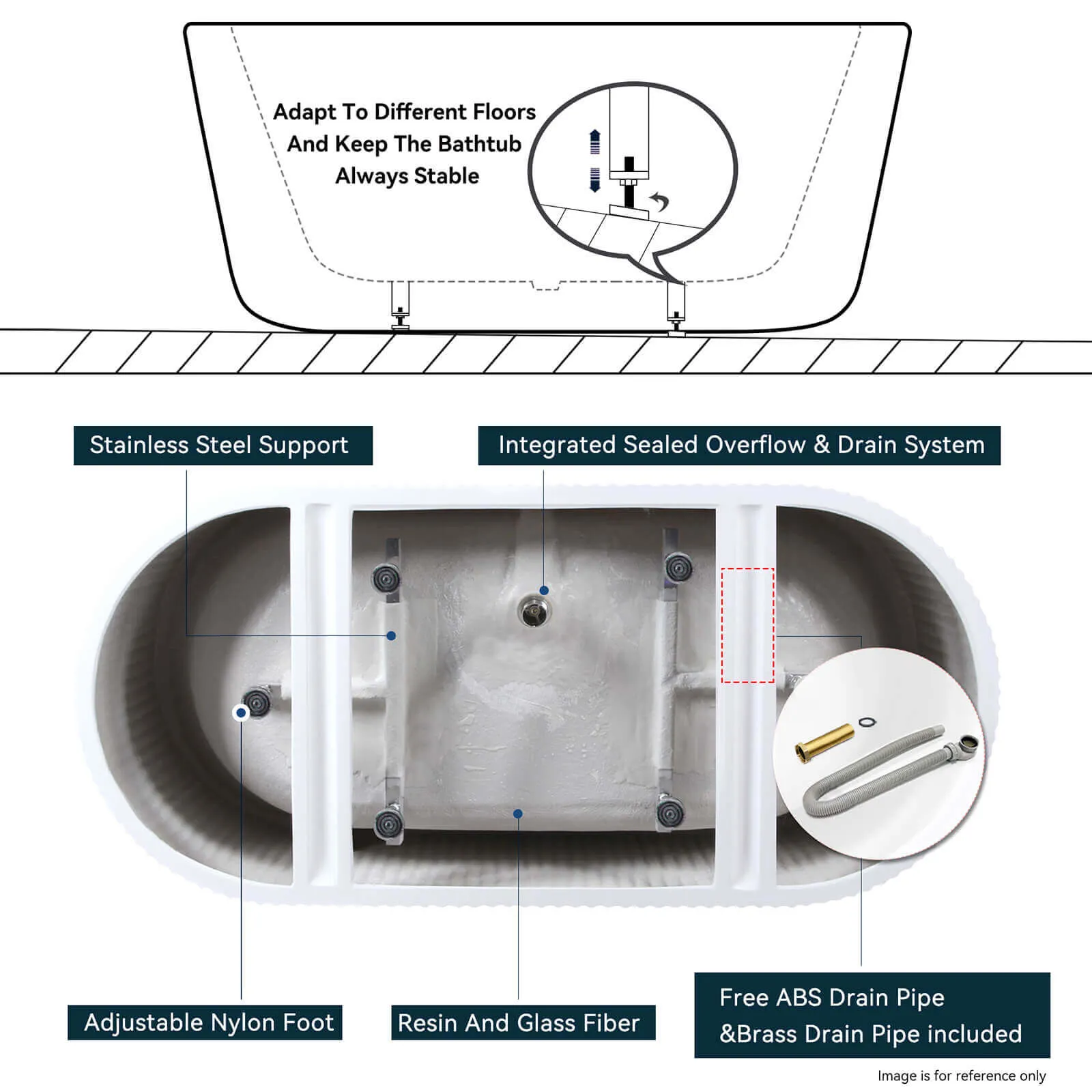 67" Acrylic Fluted Bathtub with Toe-Tap Drain