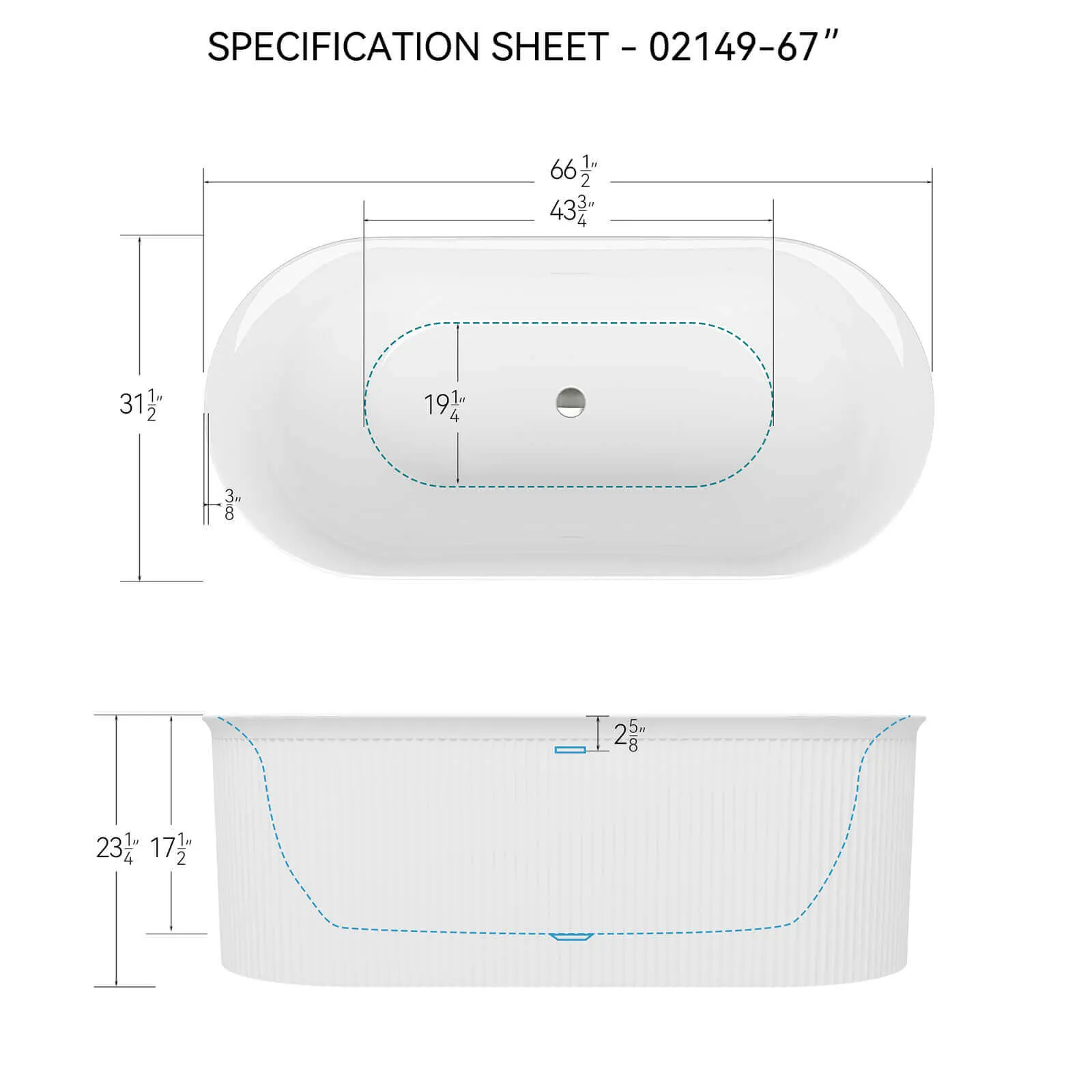 67" Acrylic Fluted Bathtub with Toe-Tap Drain