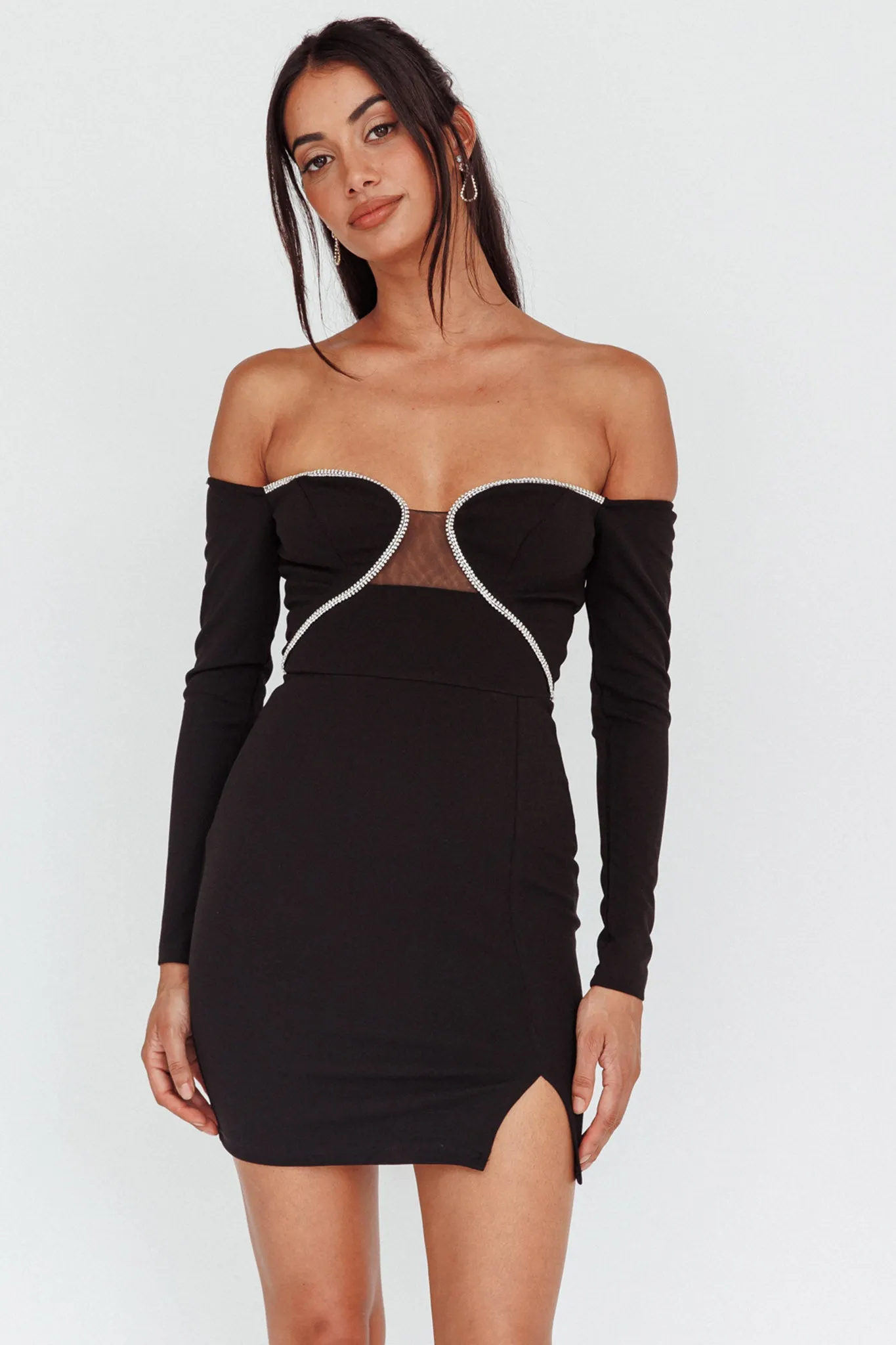 A-List Diamante Trim Long Sleeve Mini Dress Black