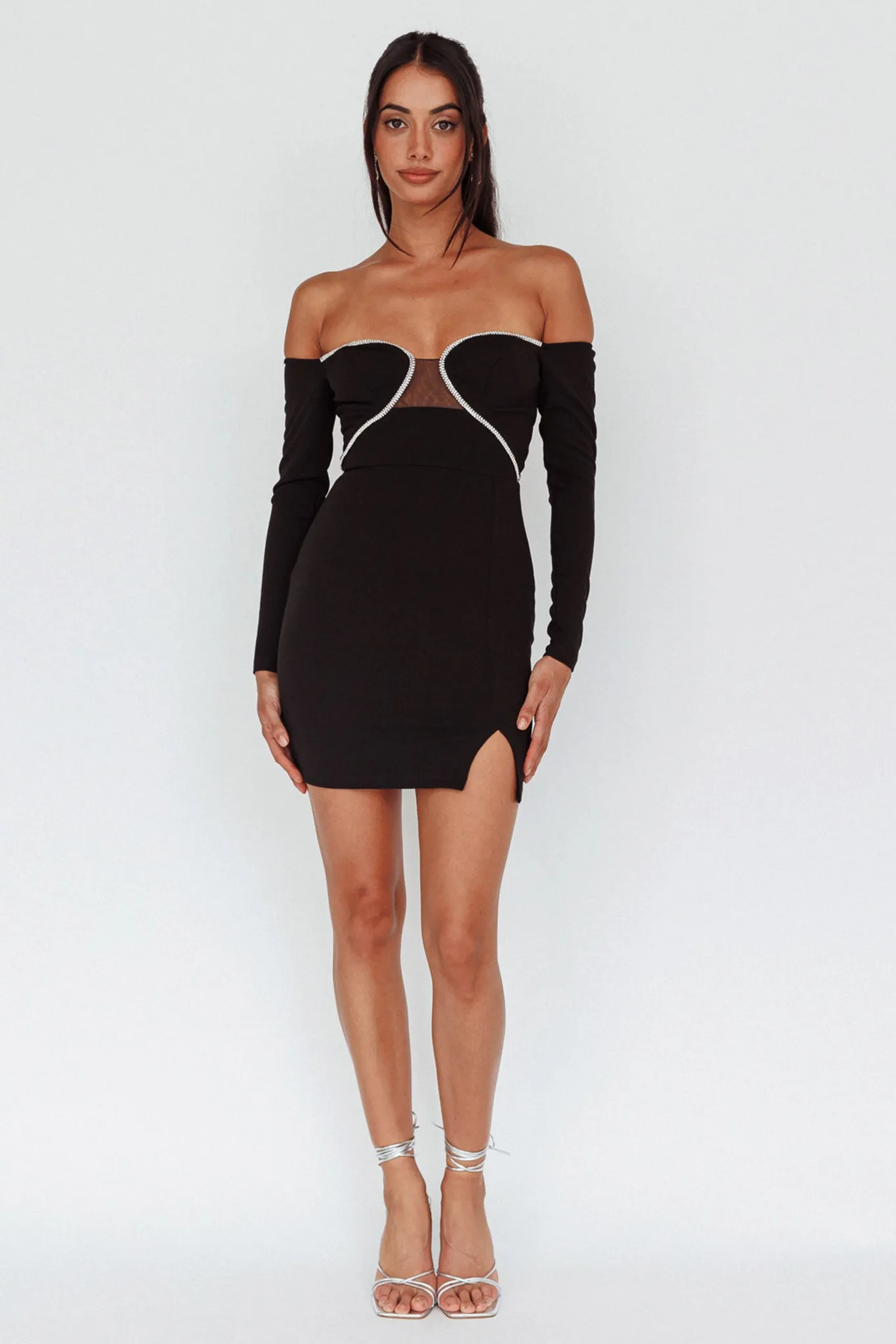 A-List Diamante Trim Long Sleeve Mini Dress Black