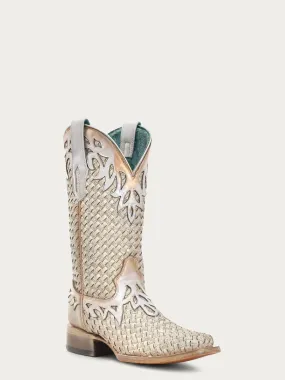 A4524 - WOMEN'S WHITE GLITTER WOVEN OVERLAY SQUARE TOE COWBOY BOOT