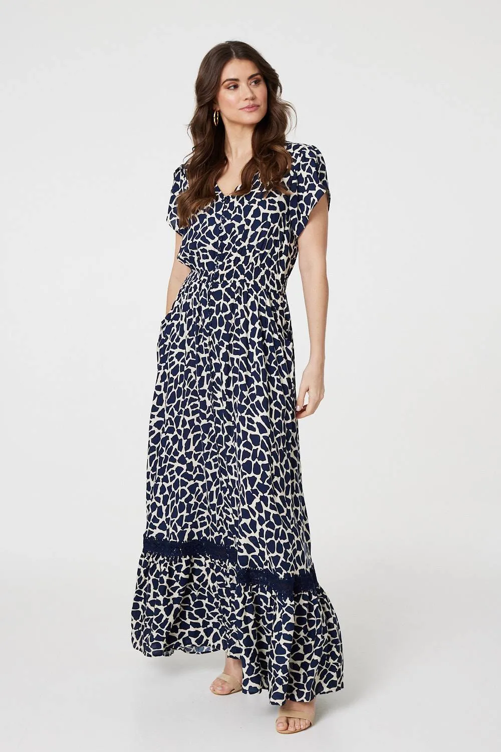 Abstract Print Button Front Maxi Dress