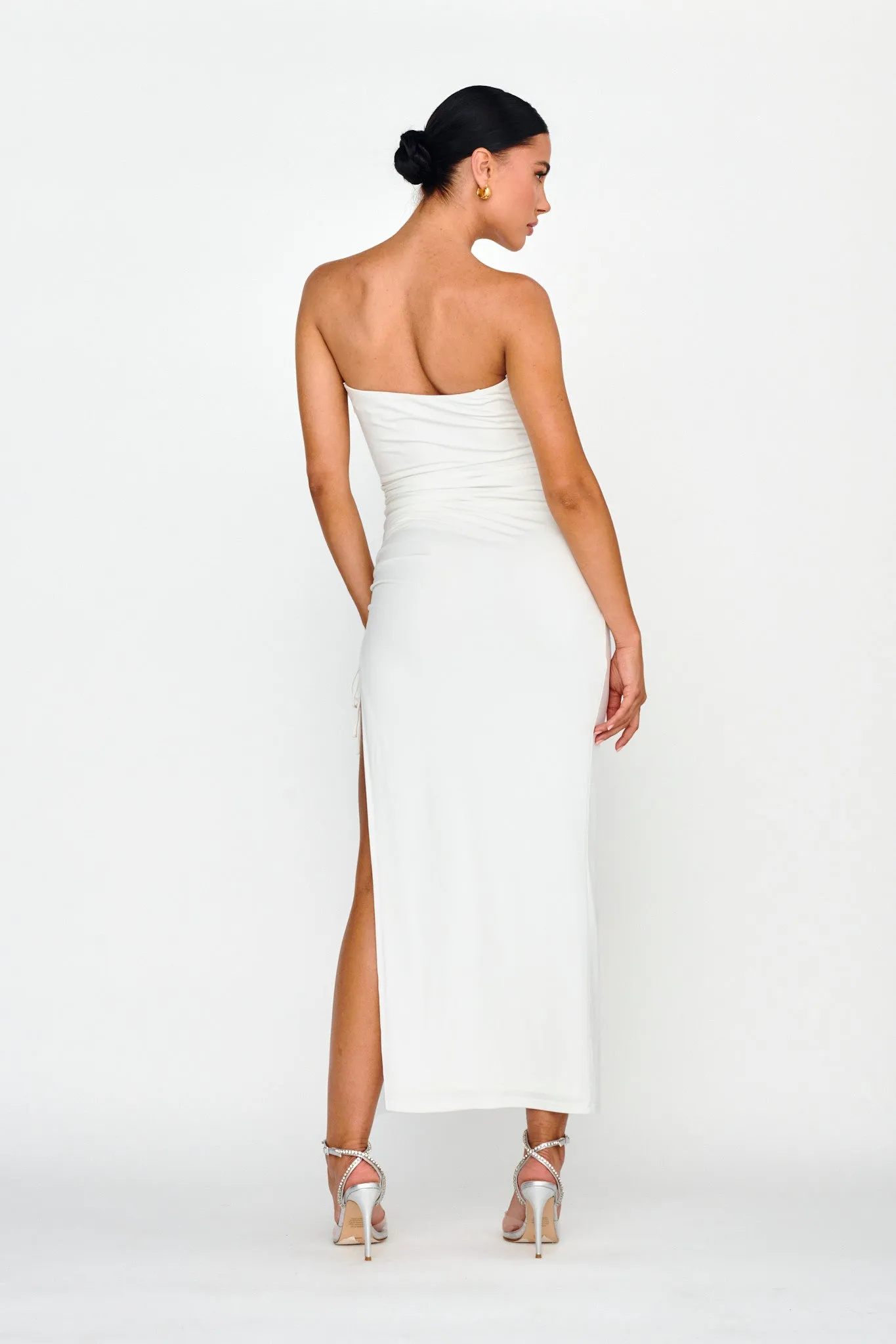 Affections Drawstring Ruched Split Maxi Dress White