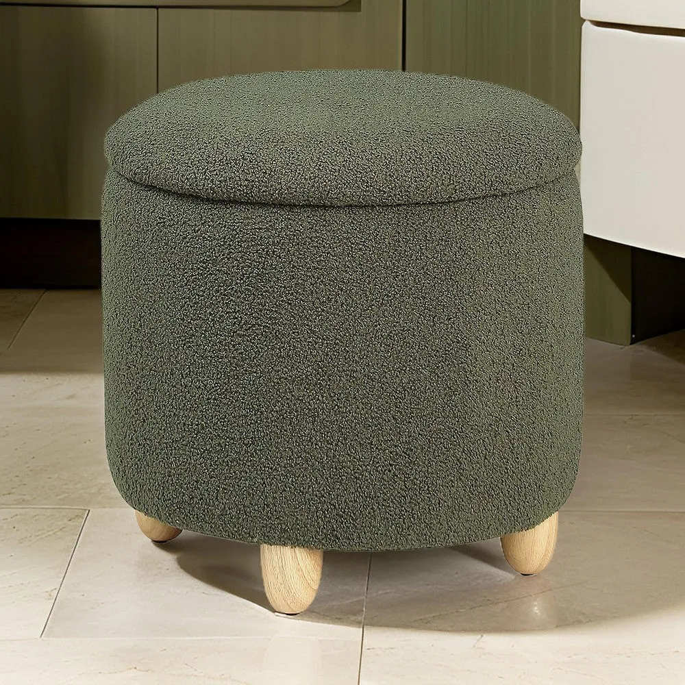 Aia 18 Inch Storage Ottoman, Green Faux Sheepskin, Round Rubberwood Feet By Casagear Home