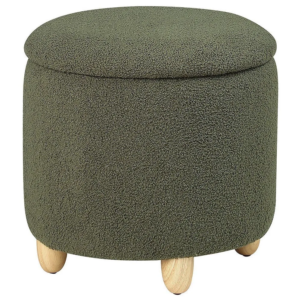 Aia 18 Inch Storage Ottoman, Green Faux Sheepskin, Round Rubberwood Feet By Casagear Home