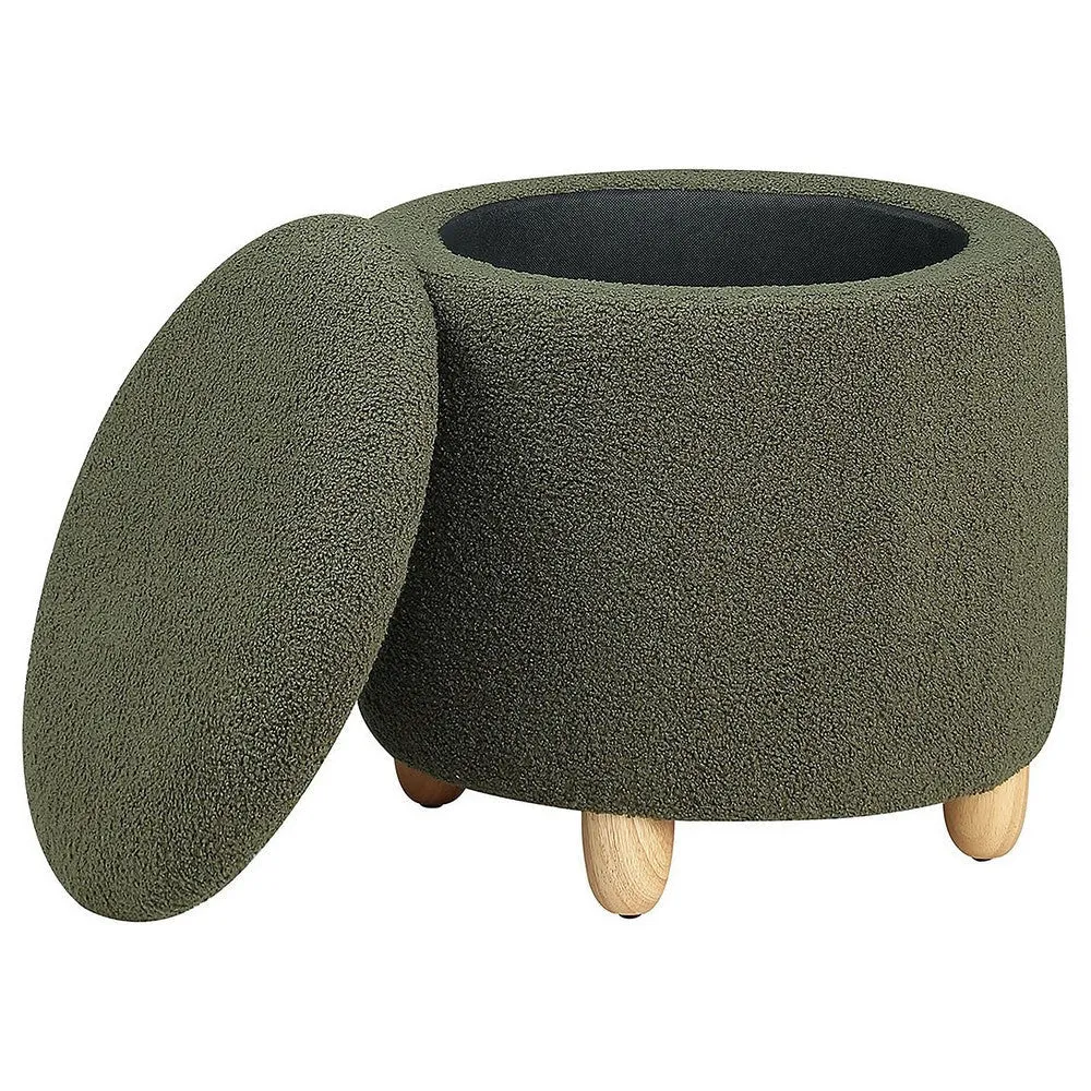 Aia 18 Inch Storage Ottoman, Green Faux Sheepskin, Round Rubberwood Feet By Casagear Home