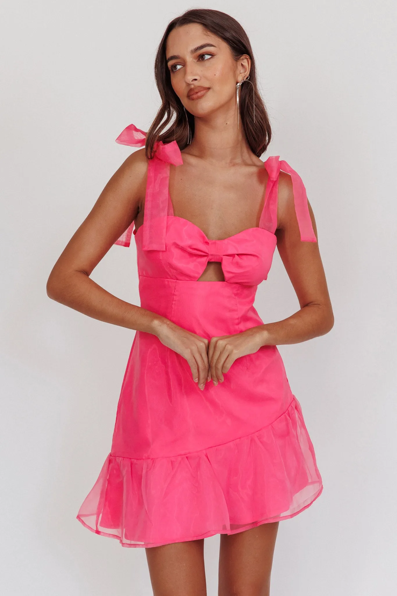 Alexia Bow Shoulder Ruffle Hem Mini Dress Hot Pink