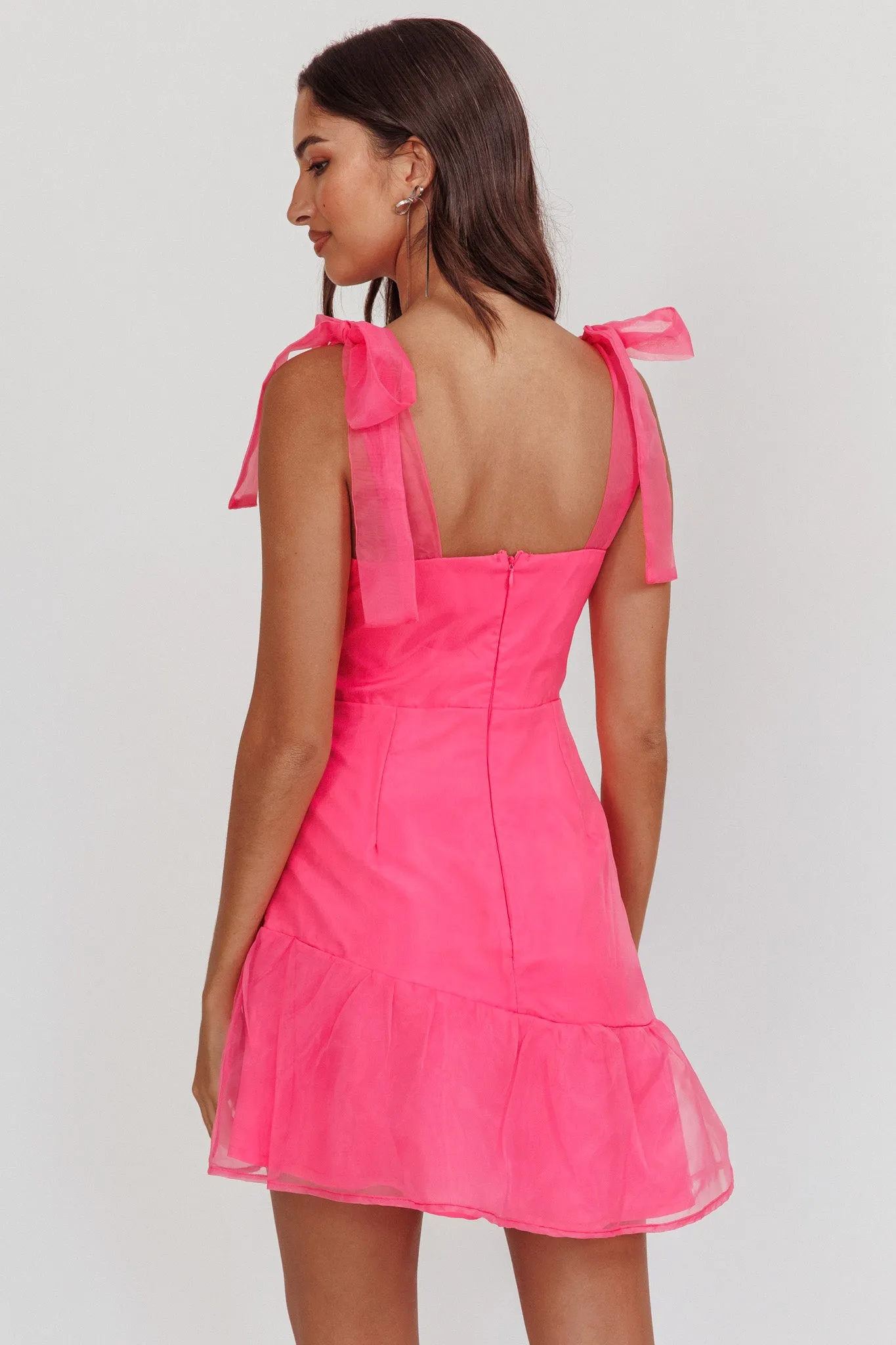 Alexia Bow Shoulder Ruffle Hem Mini Dress Hot Pink