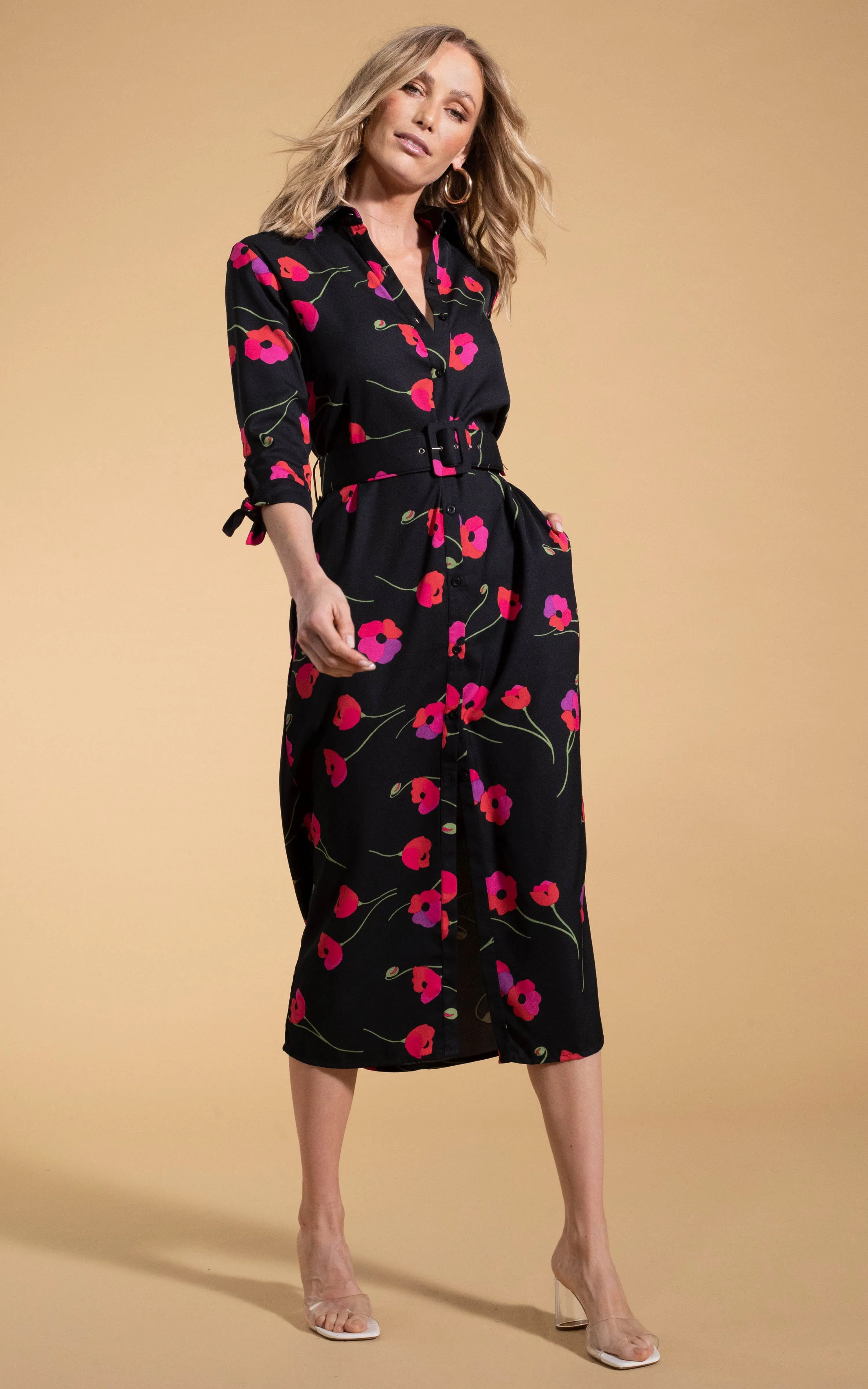 Alva Midi Shirt Dress in Poppies on Black