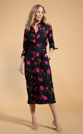 Alva Midi Shirt Dress in Poppies on Black