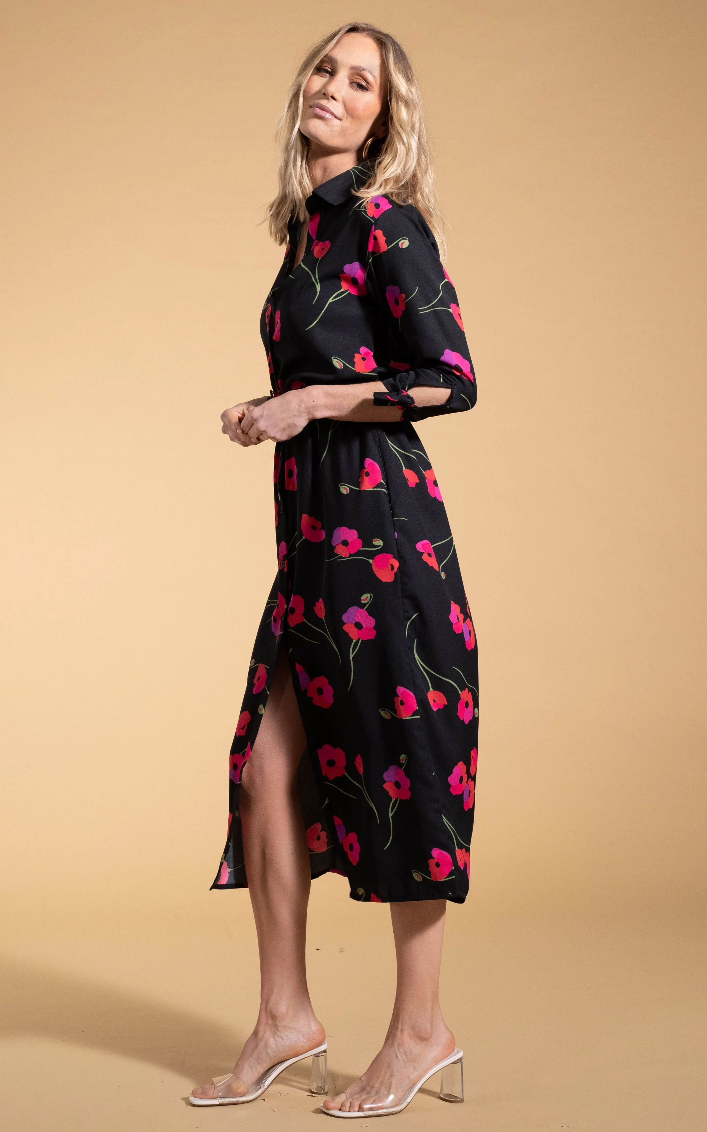 Alva Midi Shirt Dress in Poppies on Black