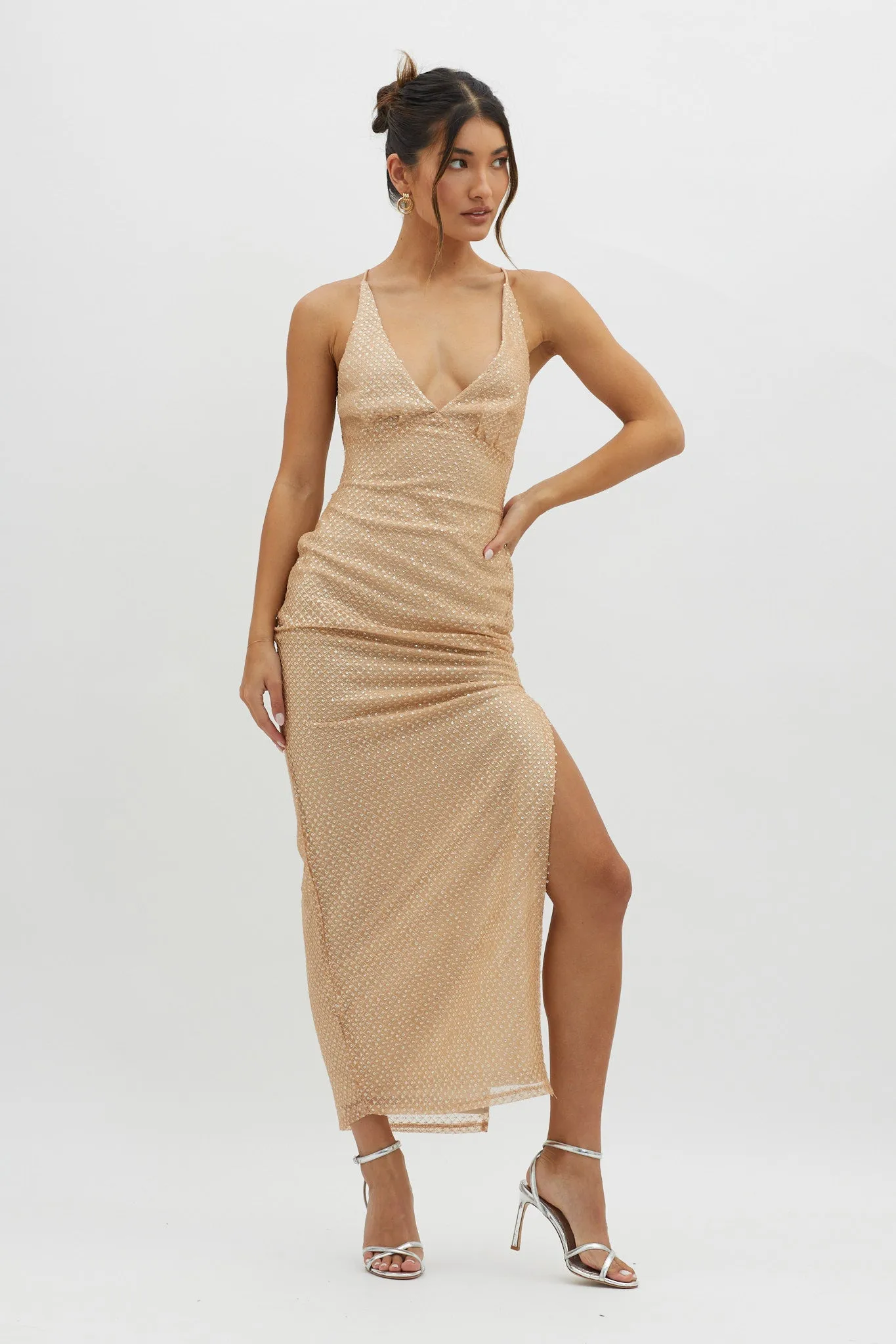 Alysia Plunging Halterneck Maxi Dress Champagne