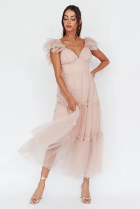 Amal Ruffle Shoulder Tulle Midi Dress Nude