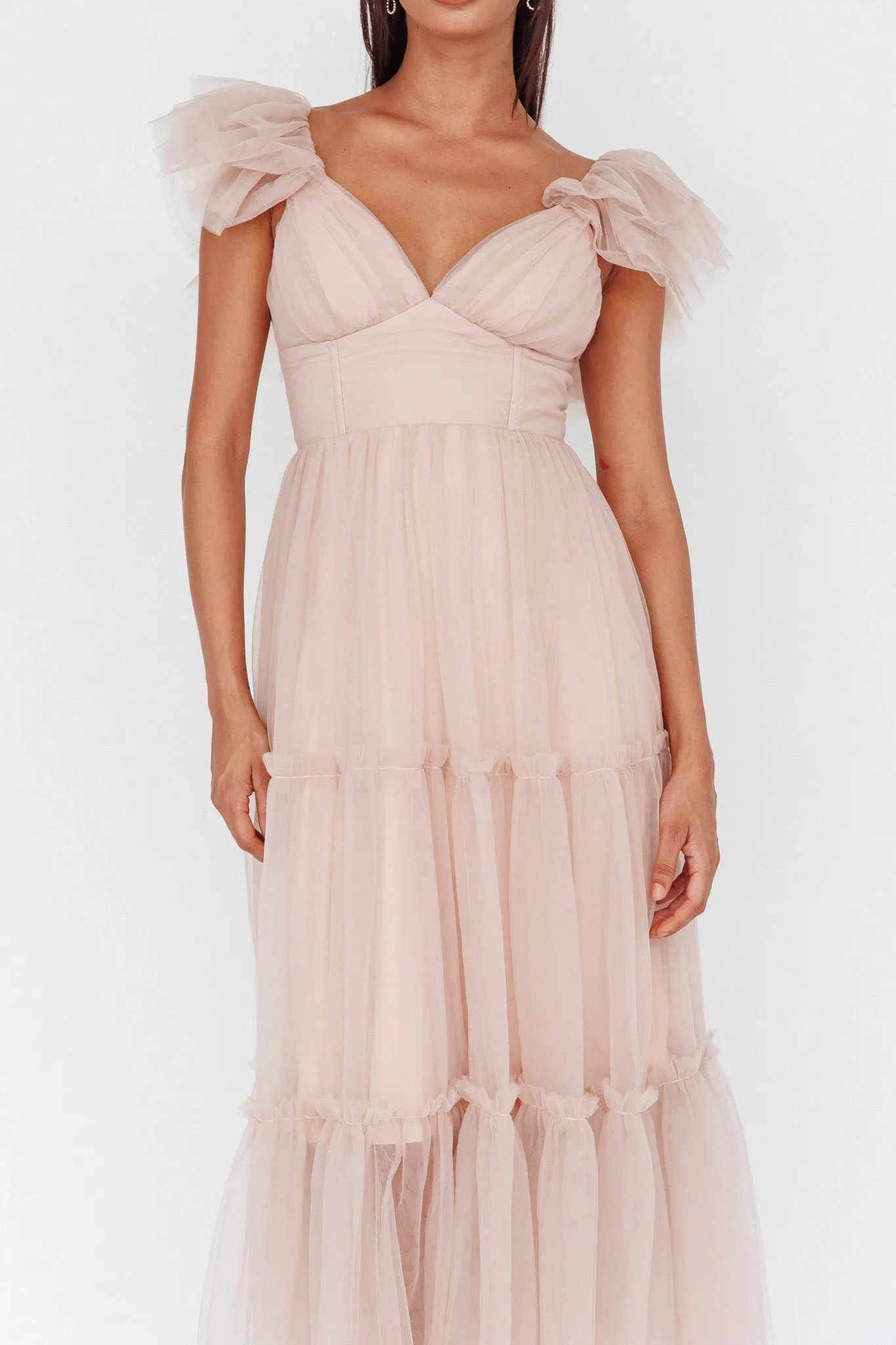 Amal Ruffle Shoulder Tulle Midi Dress Nude