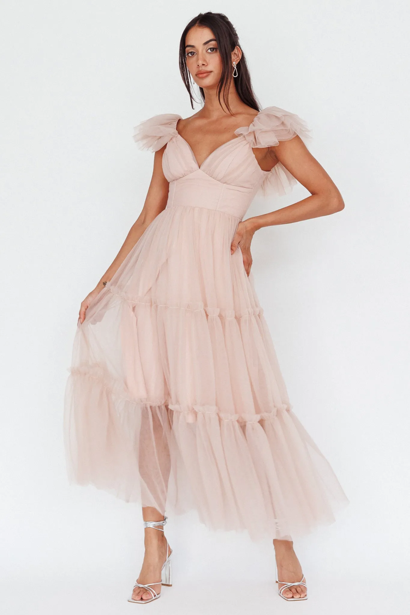 Amal Ruffle Shoulder Tulle Midi Dress Nude