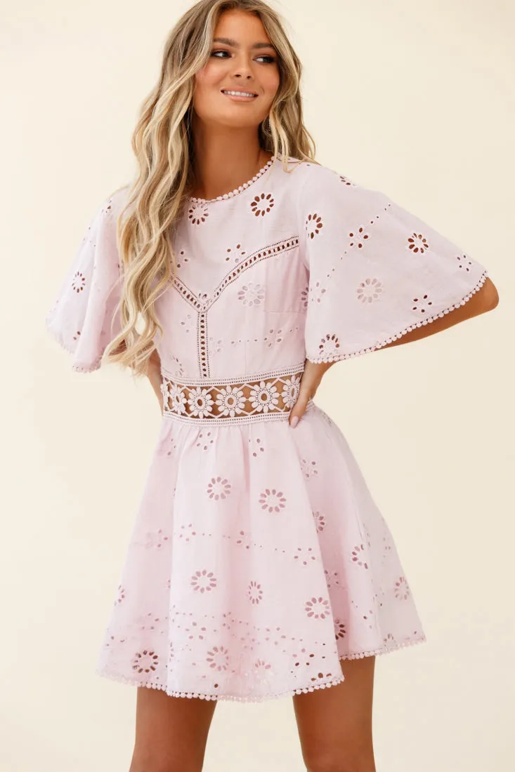 Anais Fluted Sleeve Exposed Back Broderie Anglaise Dress Blush