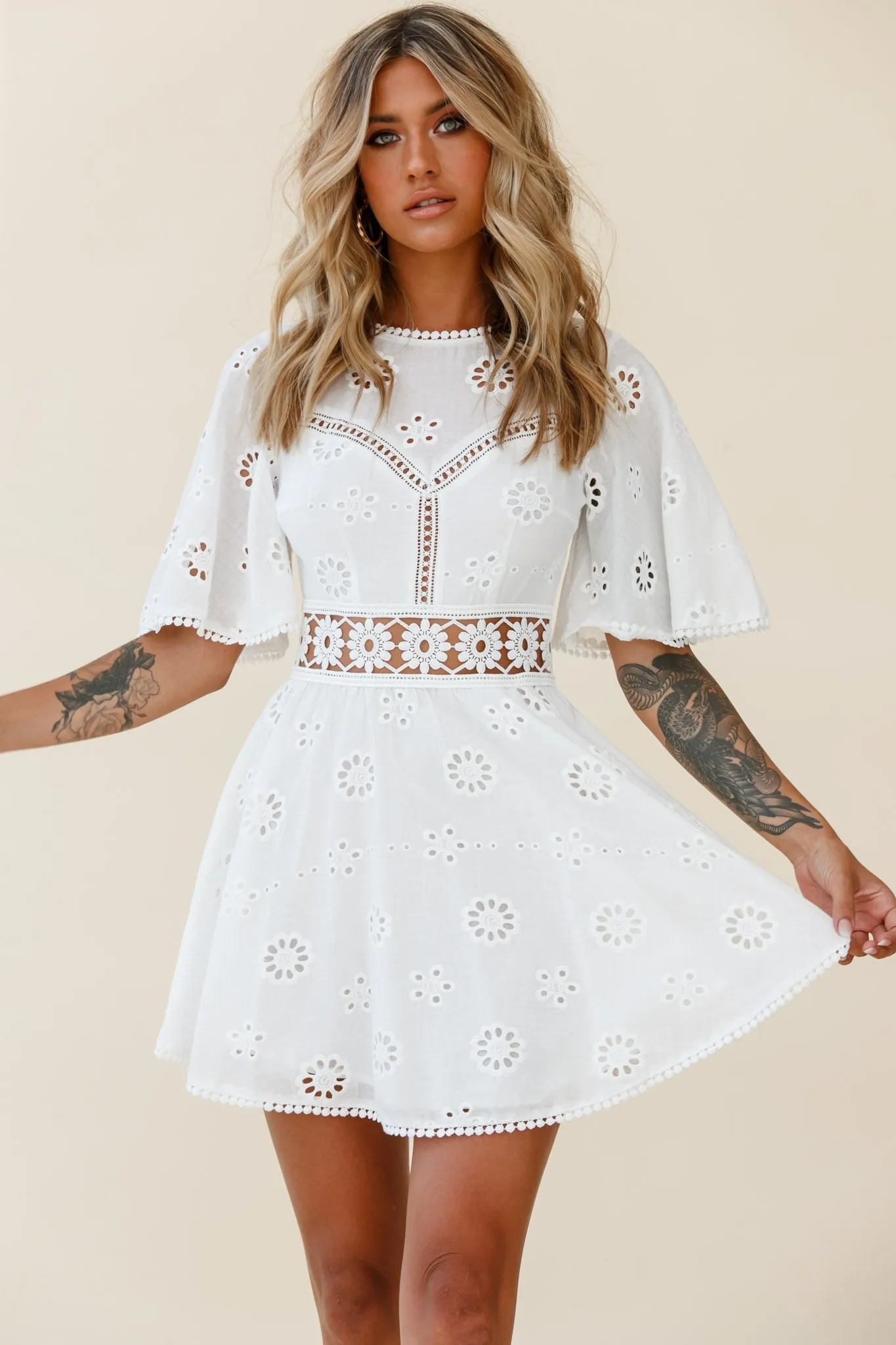 Anais Fluted Sleeve Exposed Back Broderie Anglaise Dress White