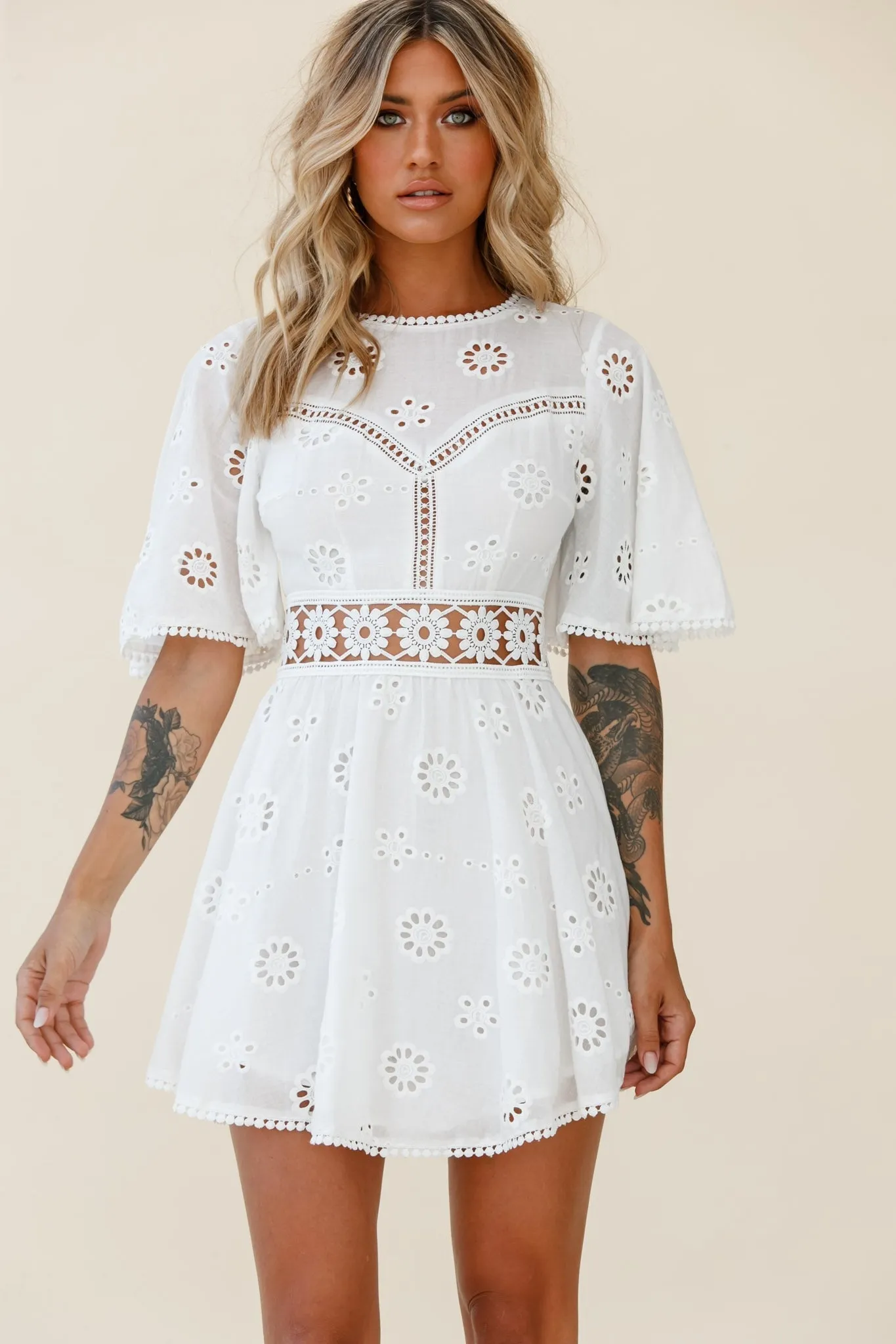 Anais Fluted Sleeve Exposed Back Broderie Anglaise Dress White