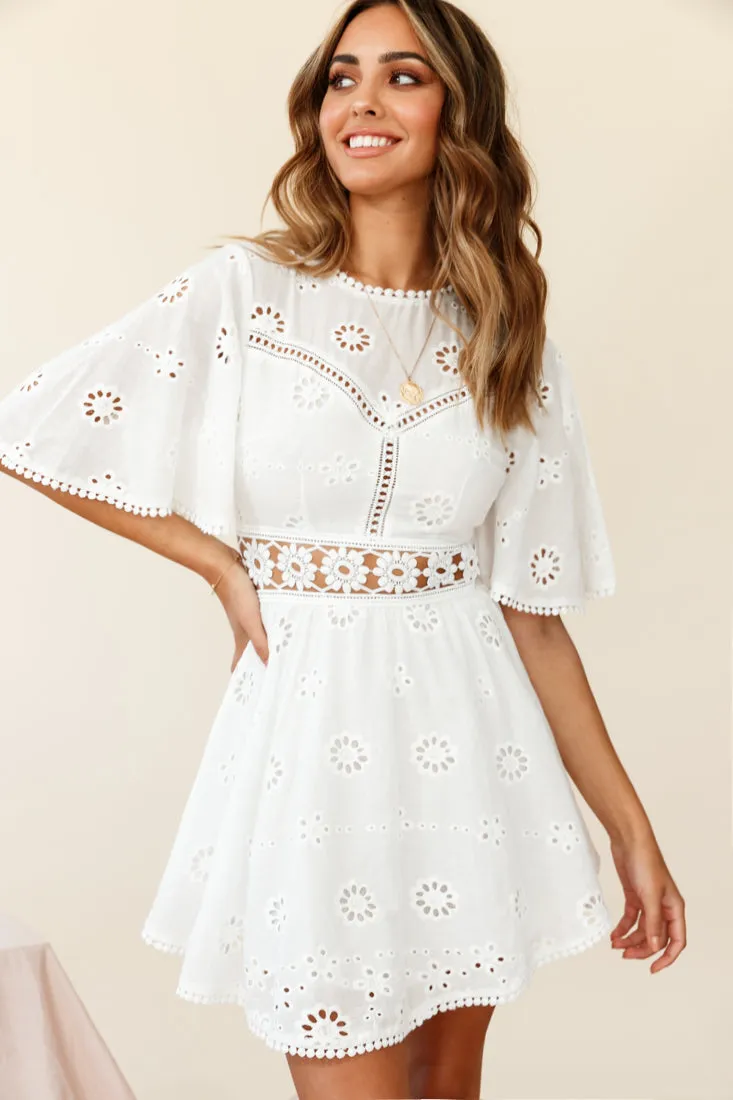 Anais Fluted Sleeve Exposed Back Broderie Anglaise Dress White