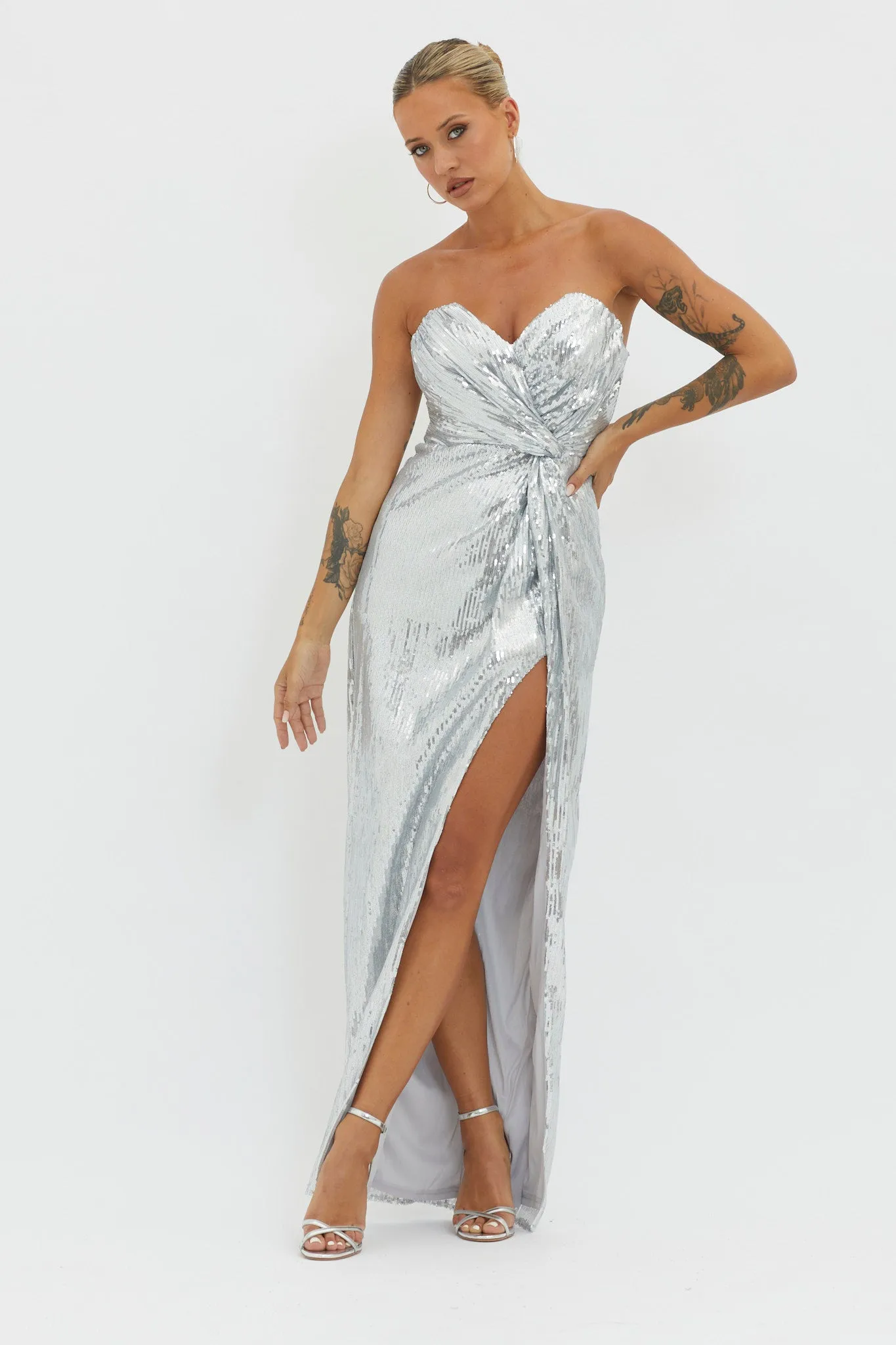 Angel Energy Strapless Sequin Maxi Dress Silver