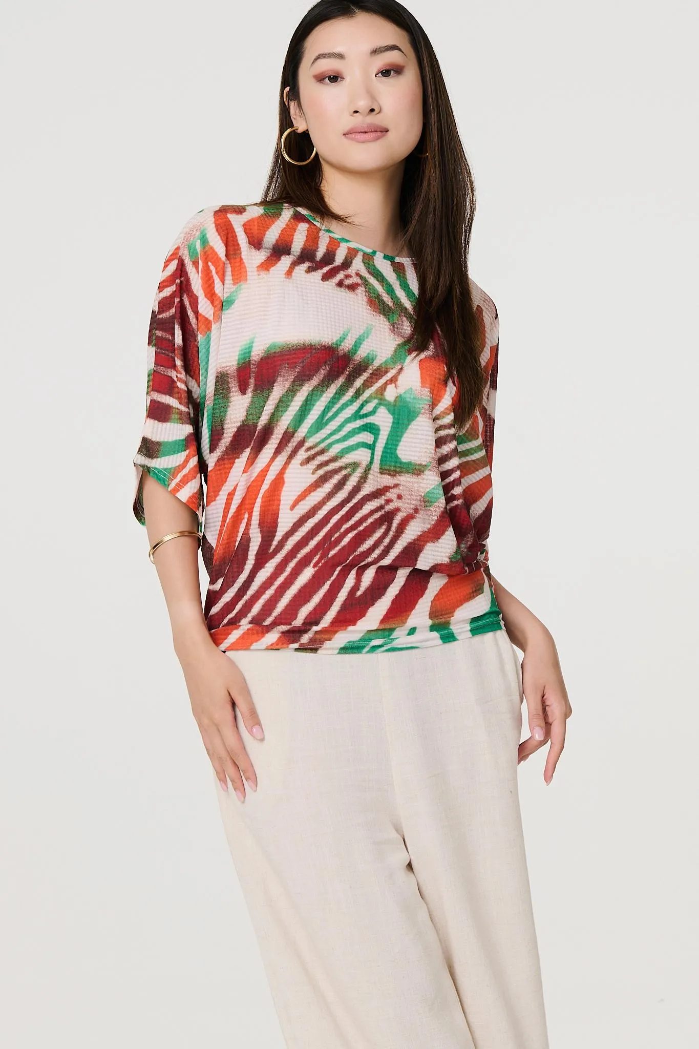 Animal Print 3/4 Sleeve Relaxed Blouse