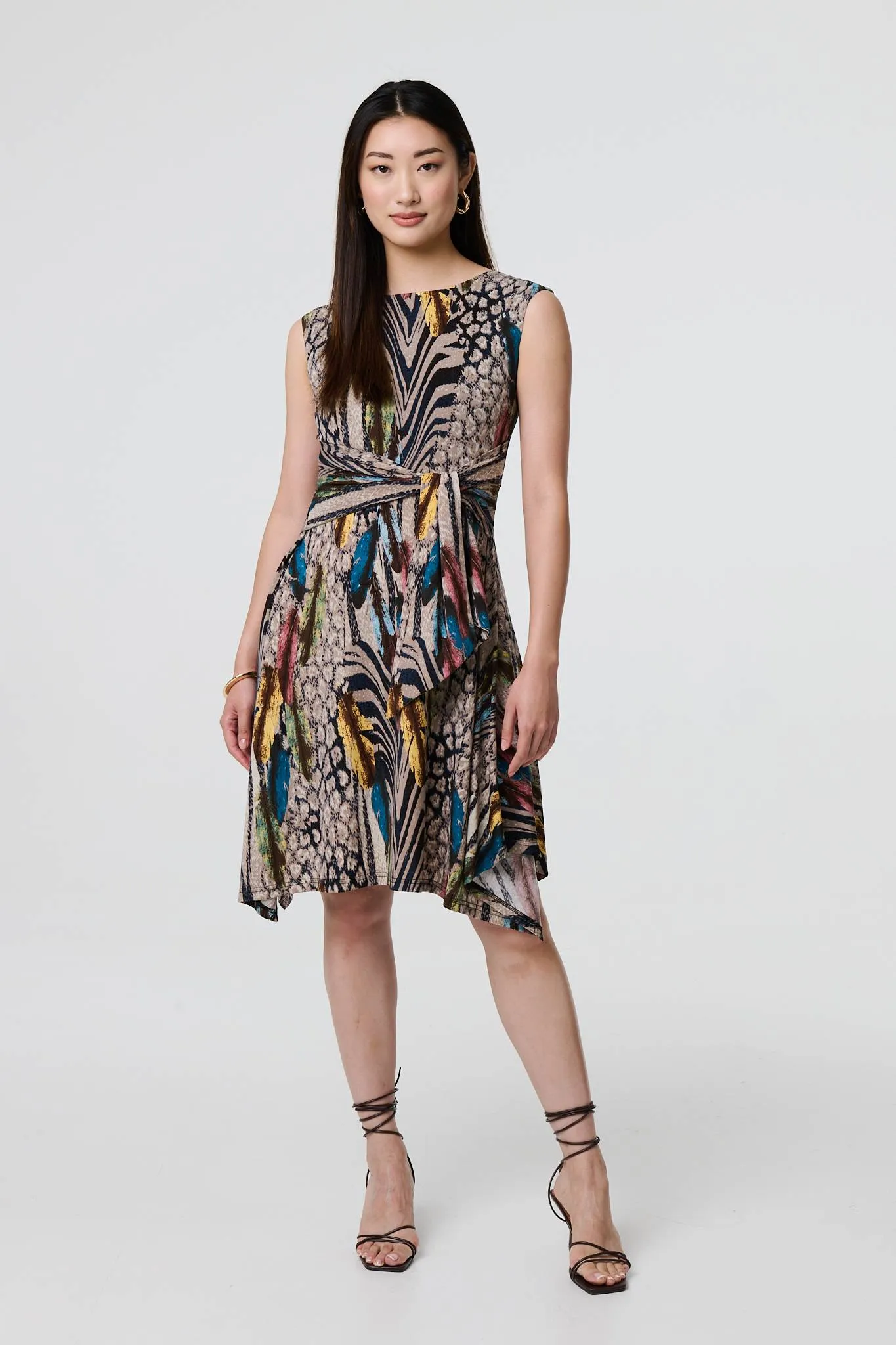 Animal Print Tie Waist Knee Length Dress