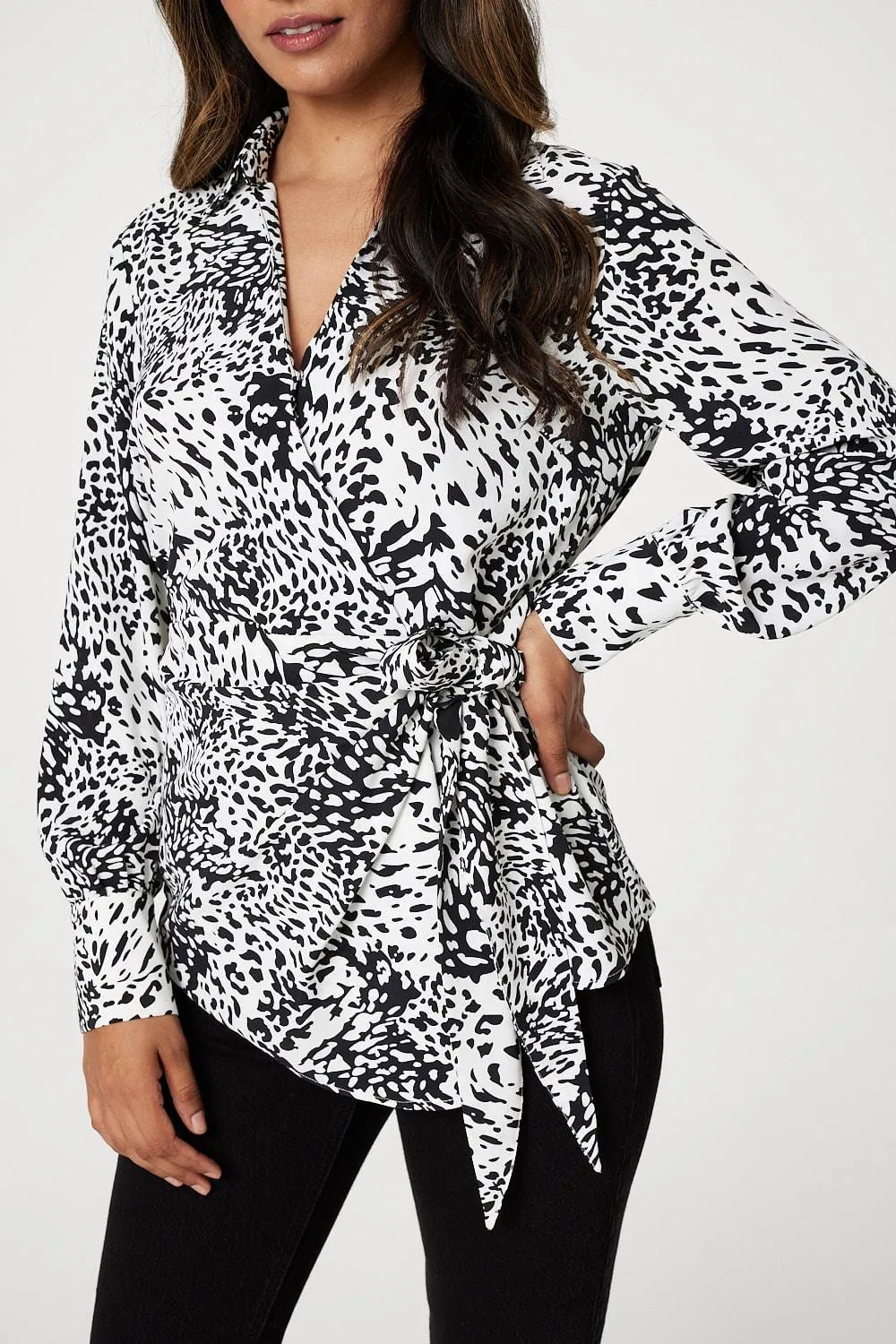 Animal Print Wrap Front Blouse