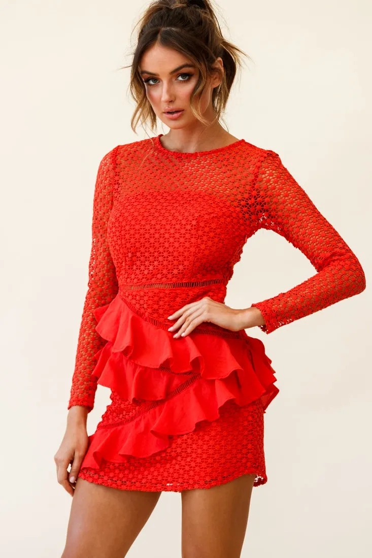 Aramis Long Sleeve Lace & Ruffle Detail Dress Red