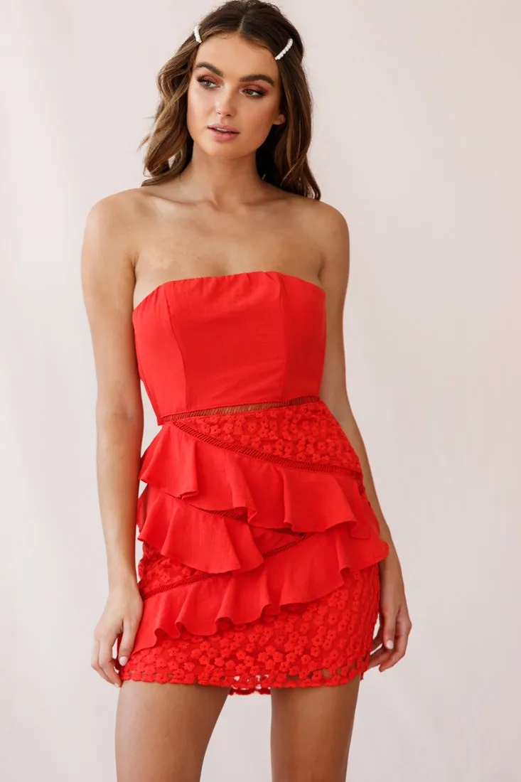 Aramis Strapless Lace & Ruffle Detail Dress Red