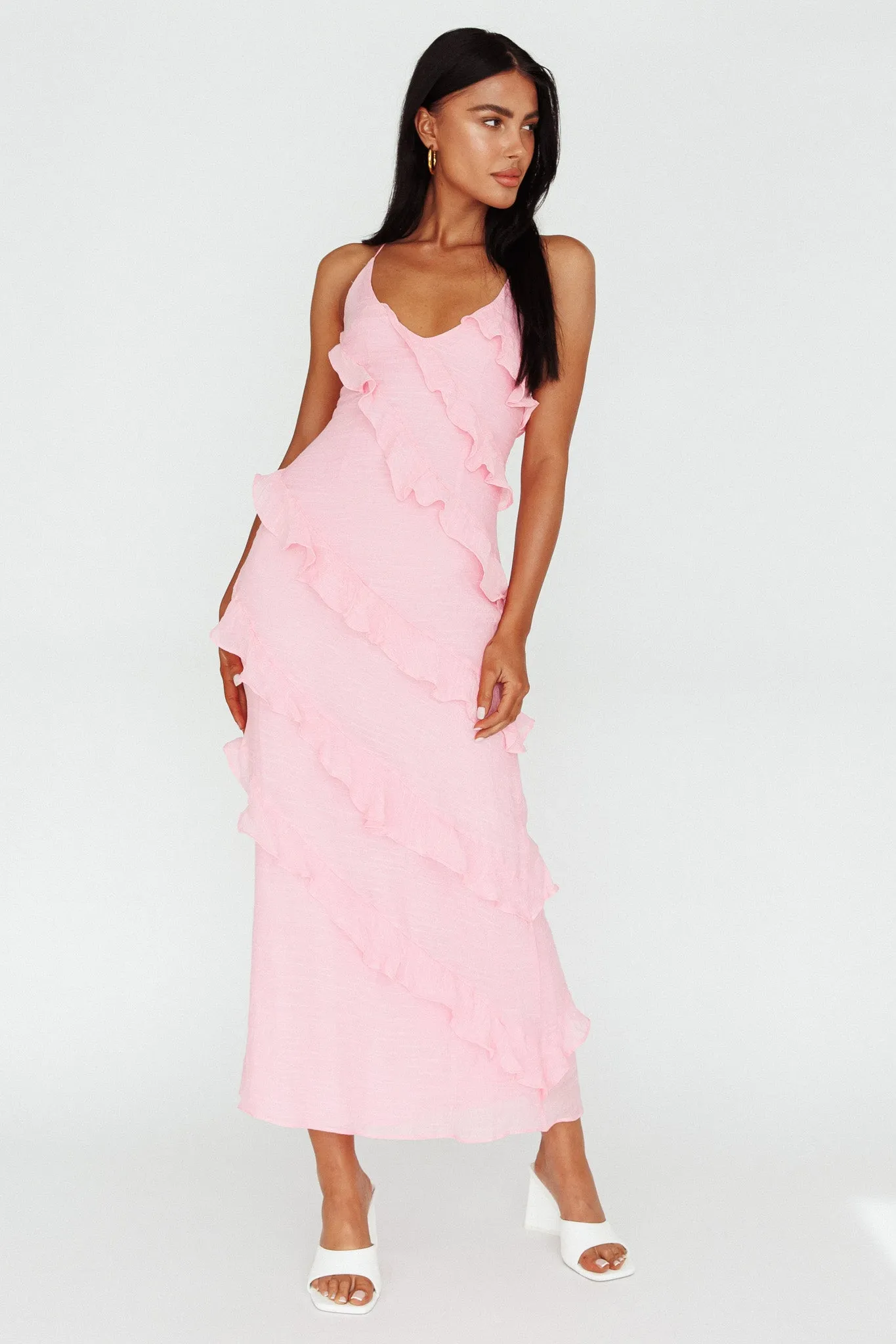 Arrabel Halterneck Ruffle Maxi Dress Pink