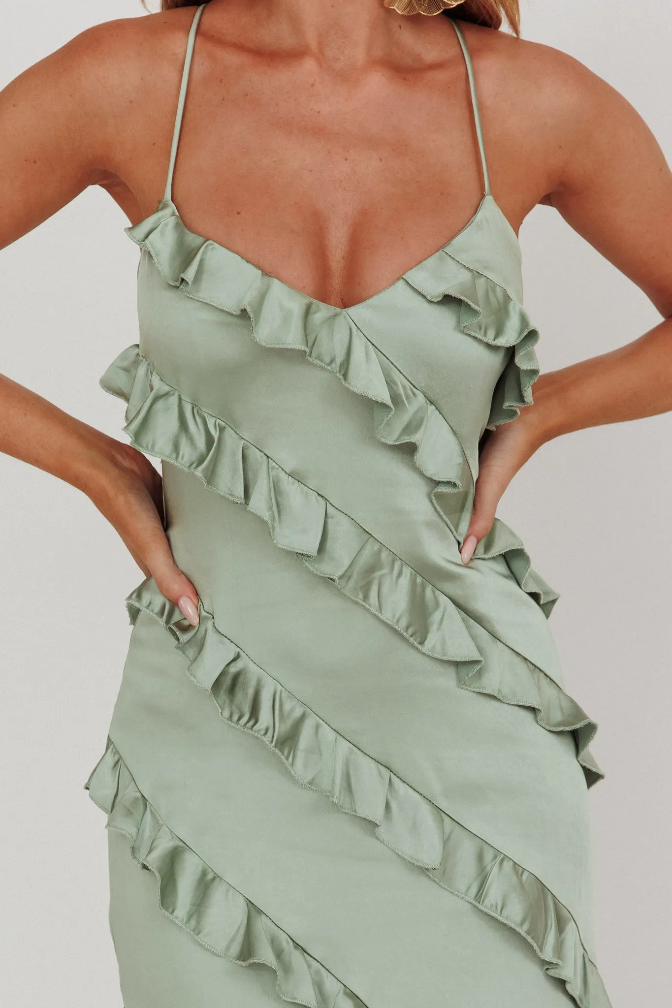 Arrabel Ruffle Trim Maxi Dress Sage