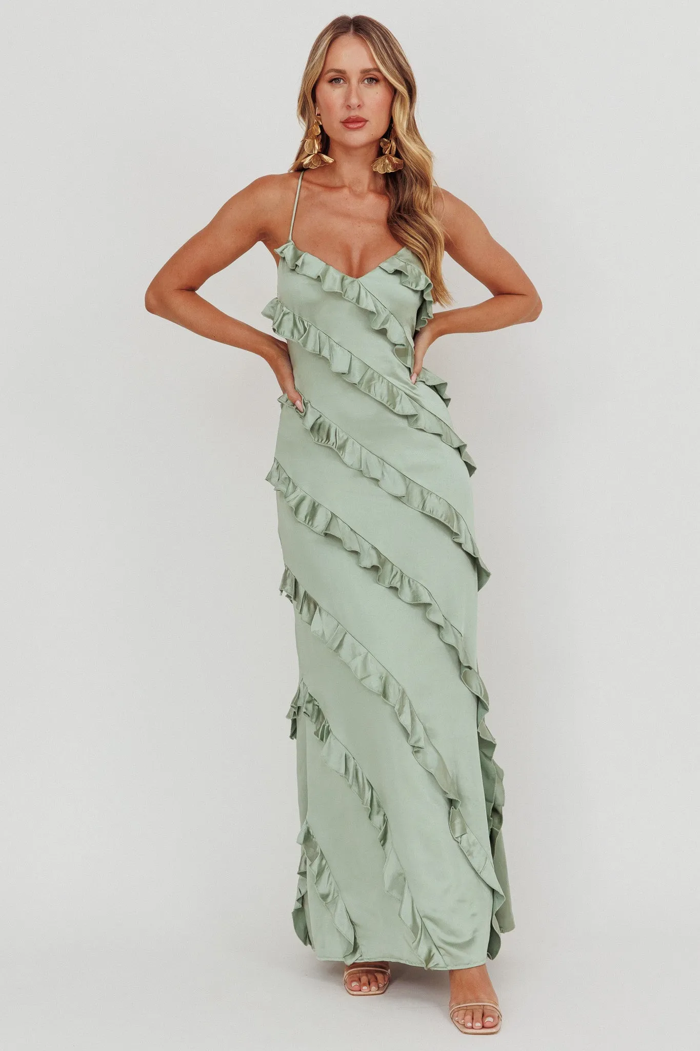 Arrabel Ruffle Trim Maxi Dress Sage