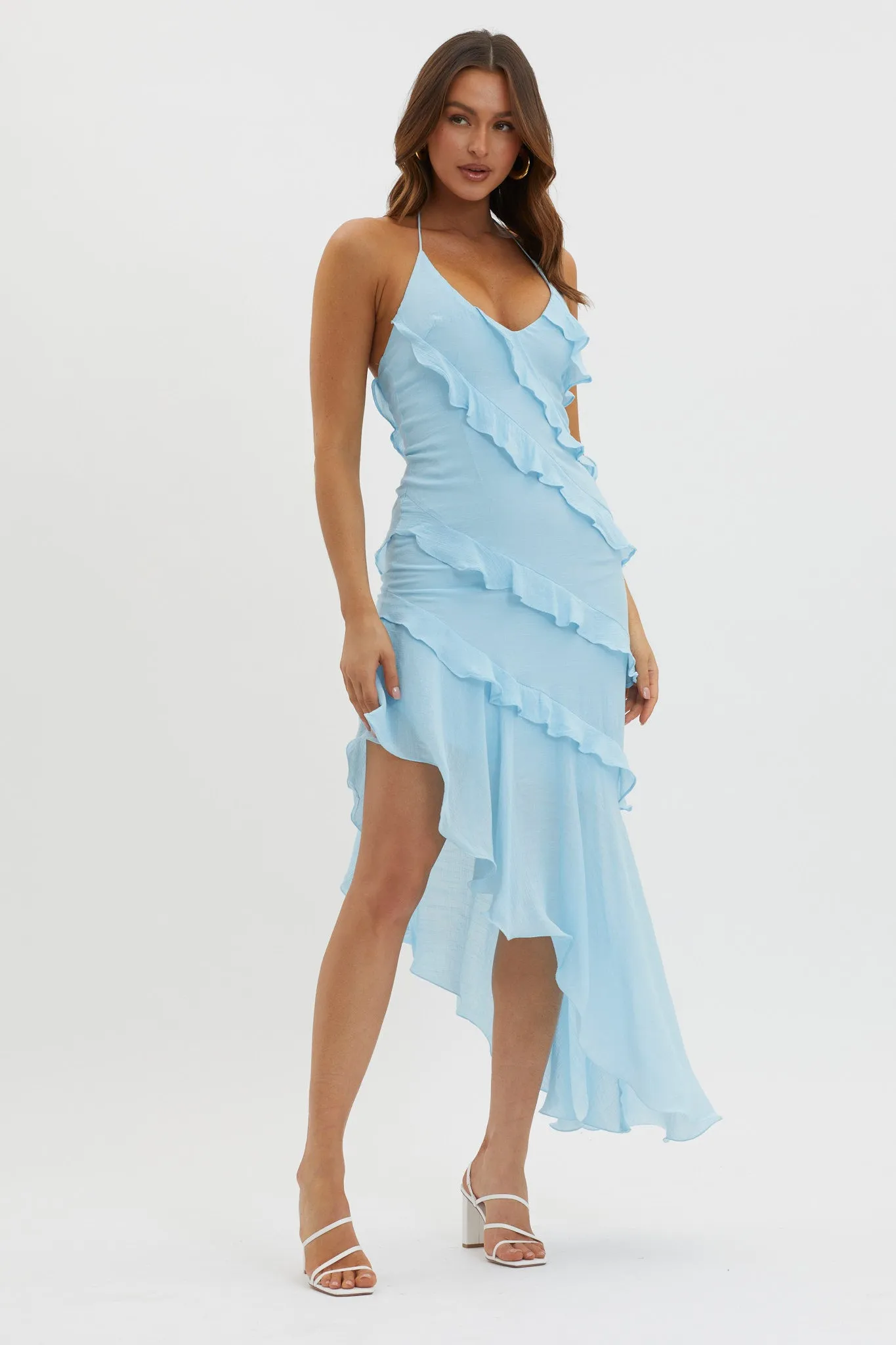 Arrabel Tiered Ruffle Asymmetric Midi Dress Blue