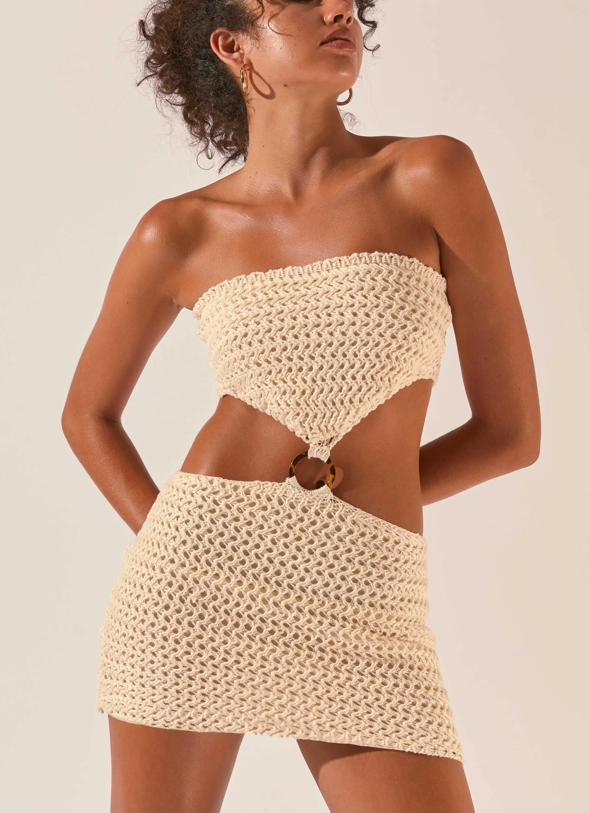 Balmy Nights Crochet Mini Dress - Seashell