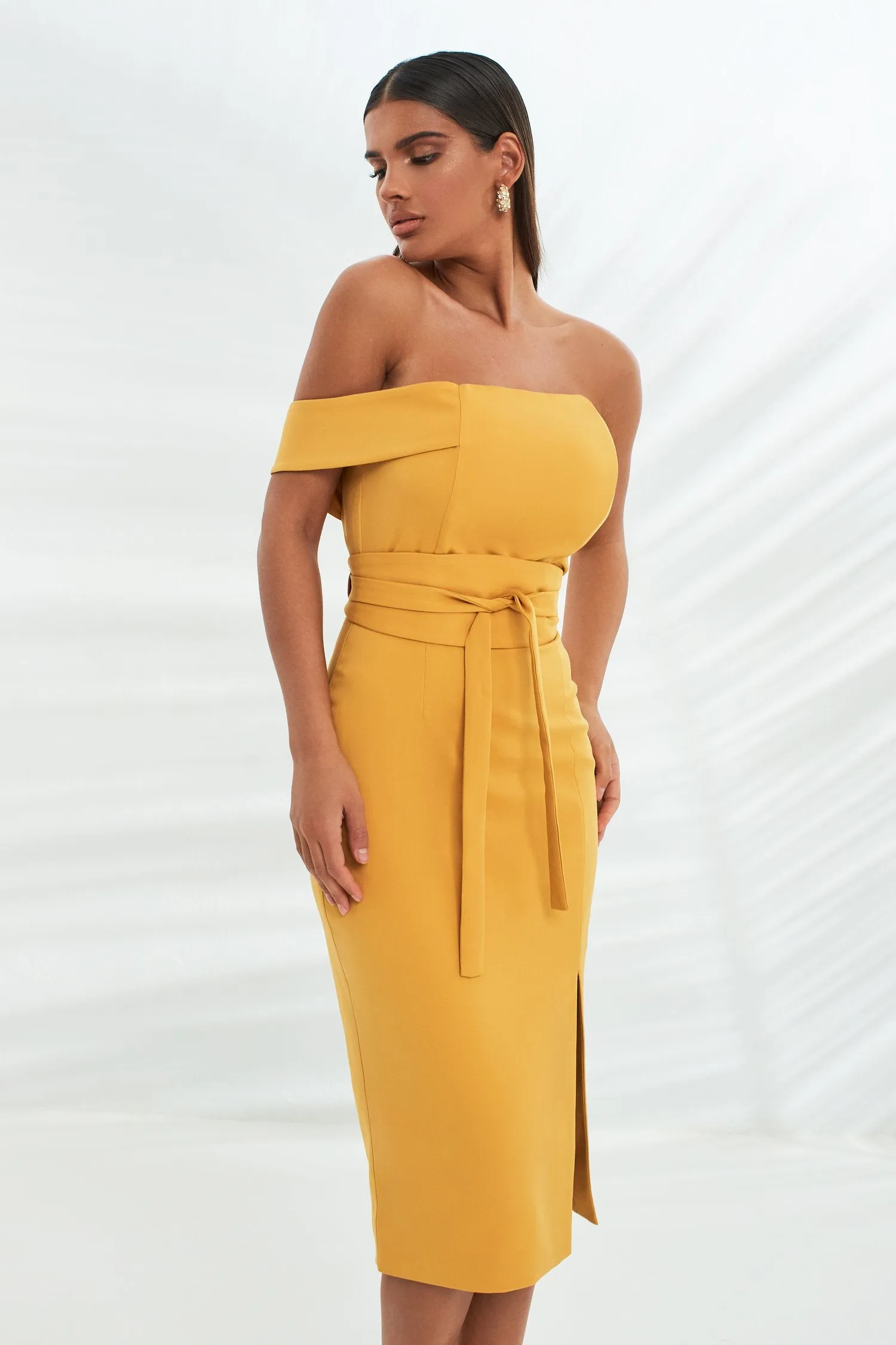 bandeau mid dress with obi belt in turmeric