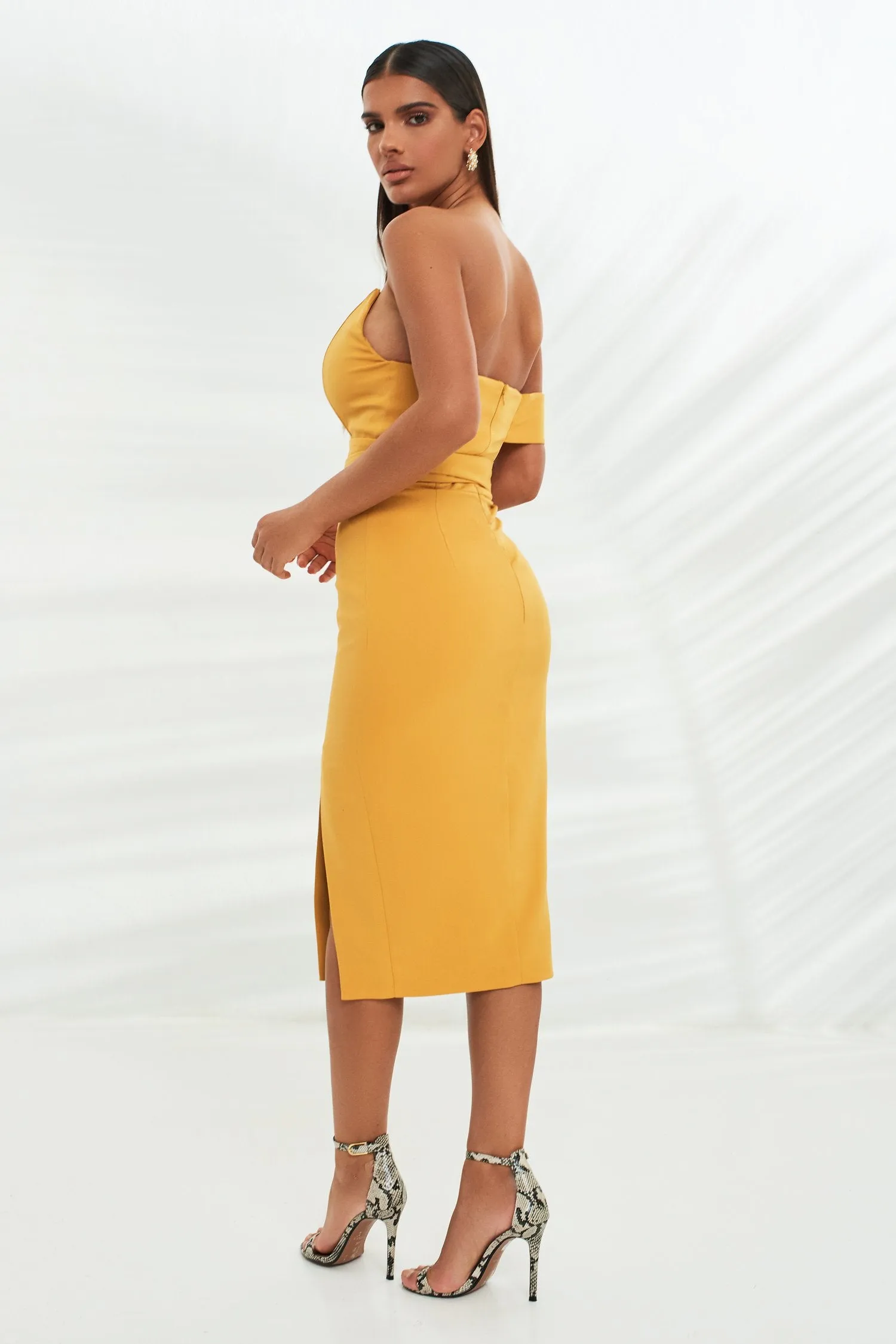 bandeau mid dress with obi belt in turmeric