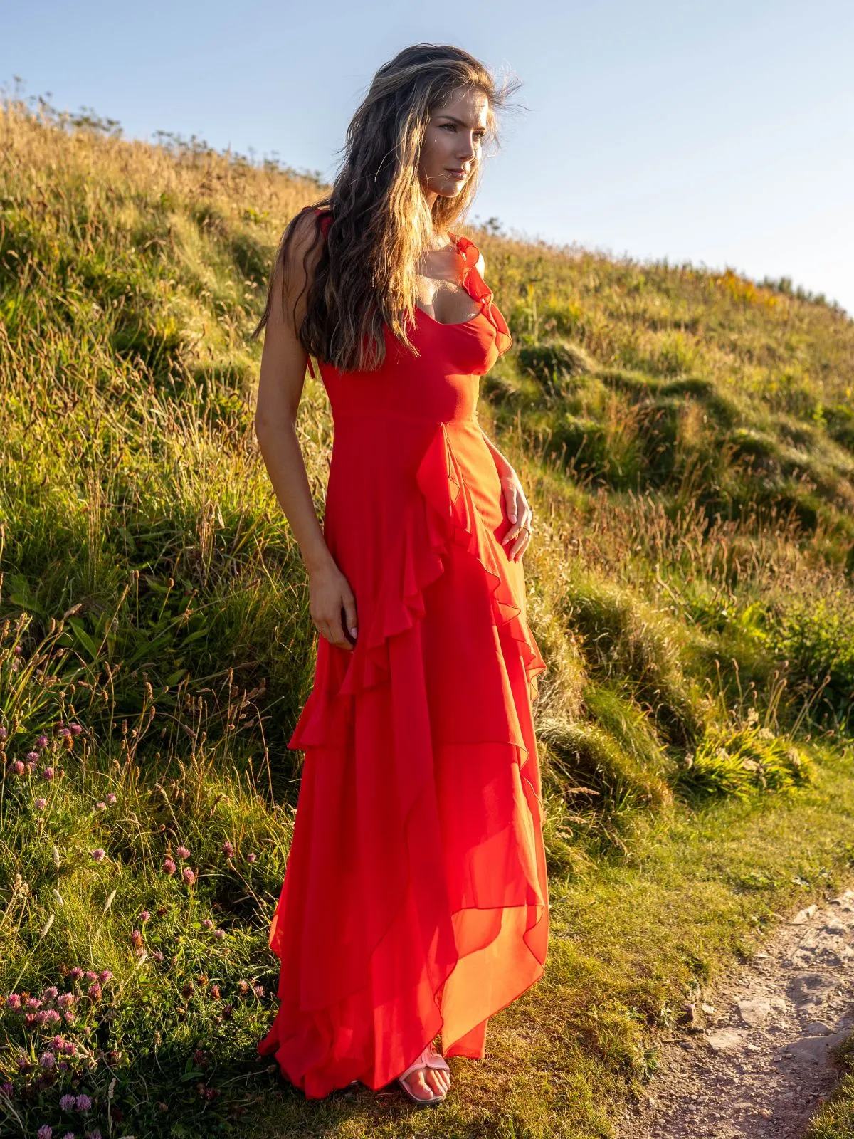 Bella Ruffle Detail Maxi Dress in Red