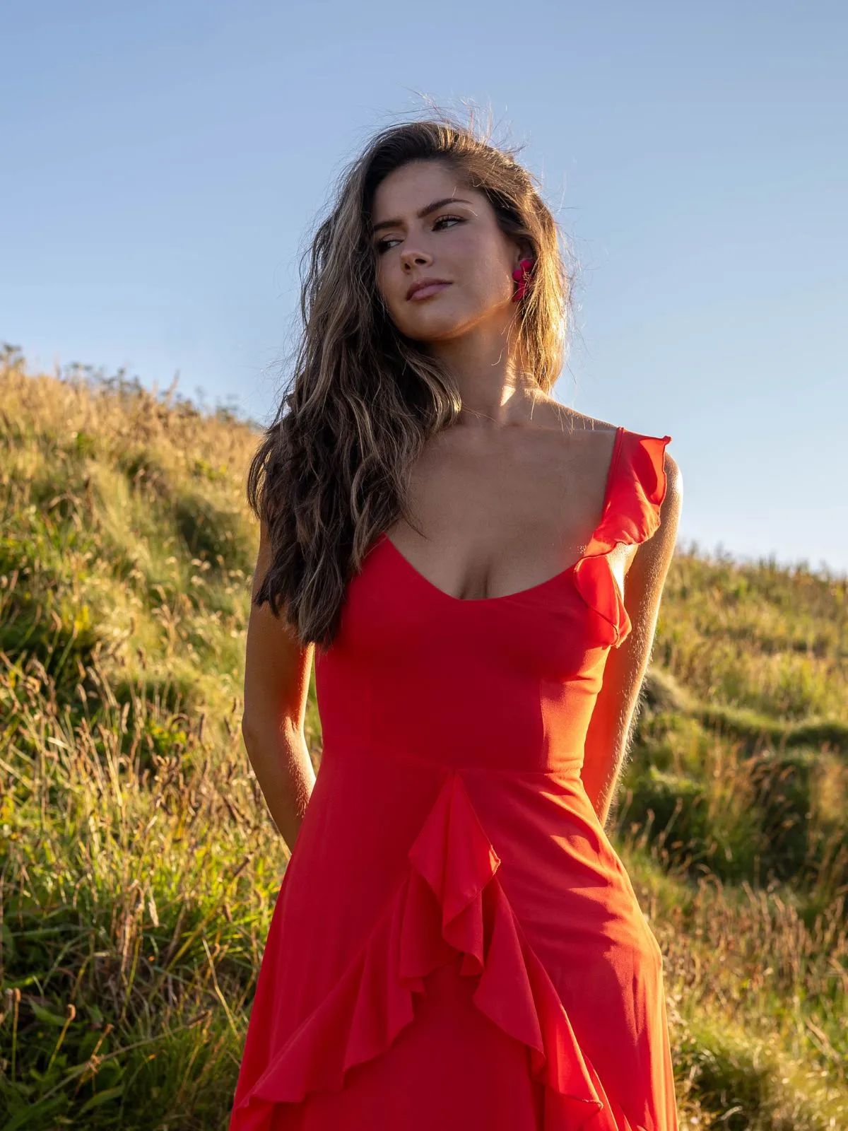 Bella Ruffle Detail Maxi Dress in Red