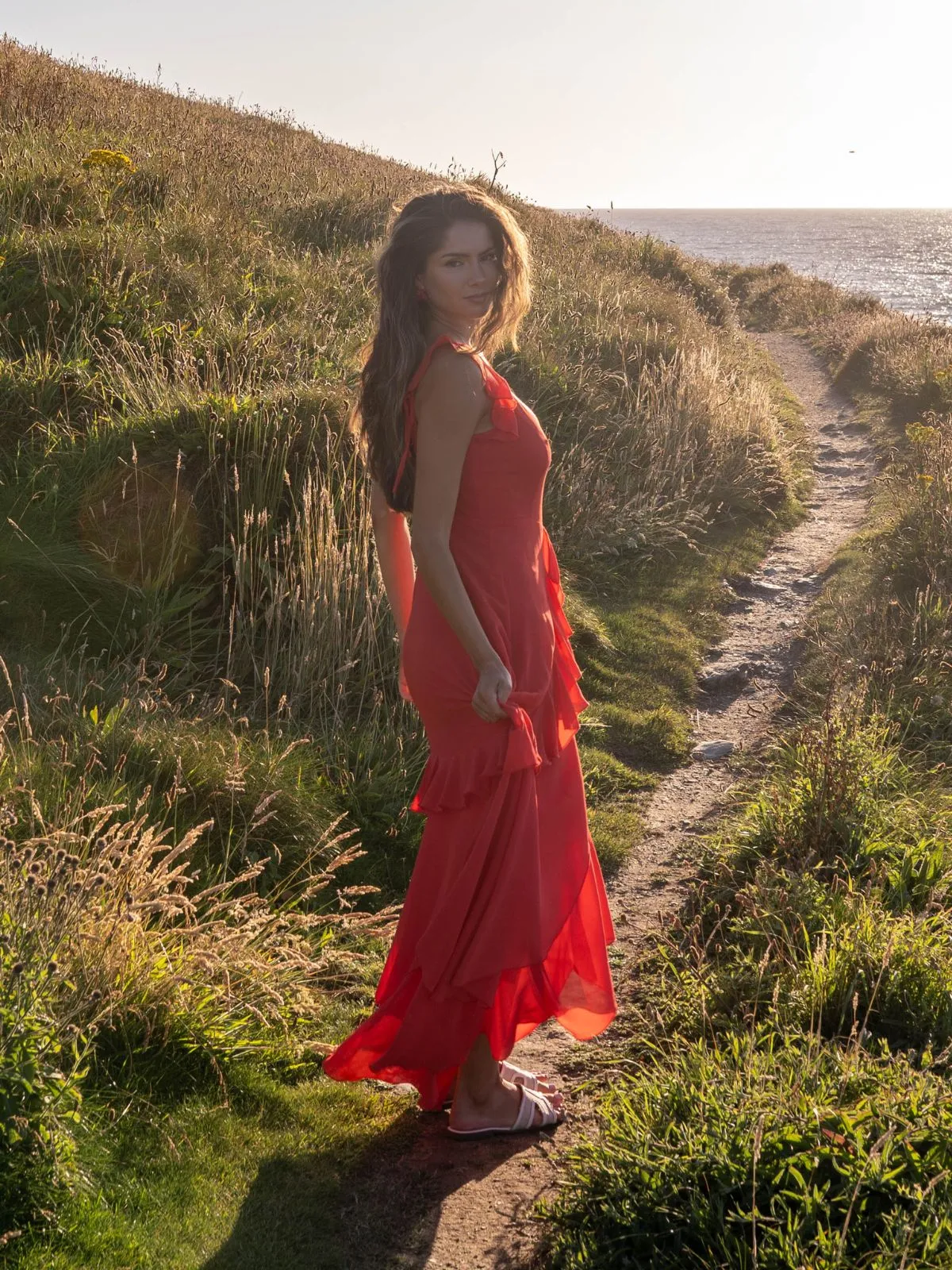 Bella Ruffle Detail Maxi Dress in Red