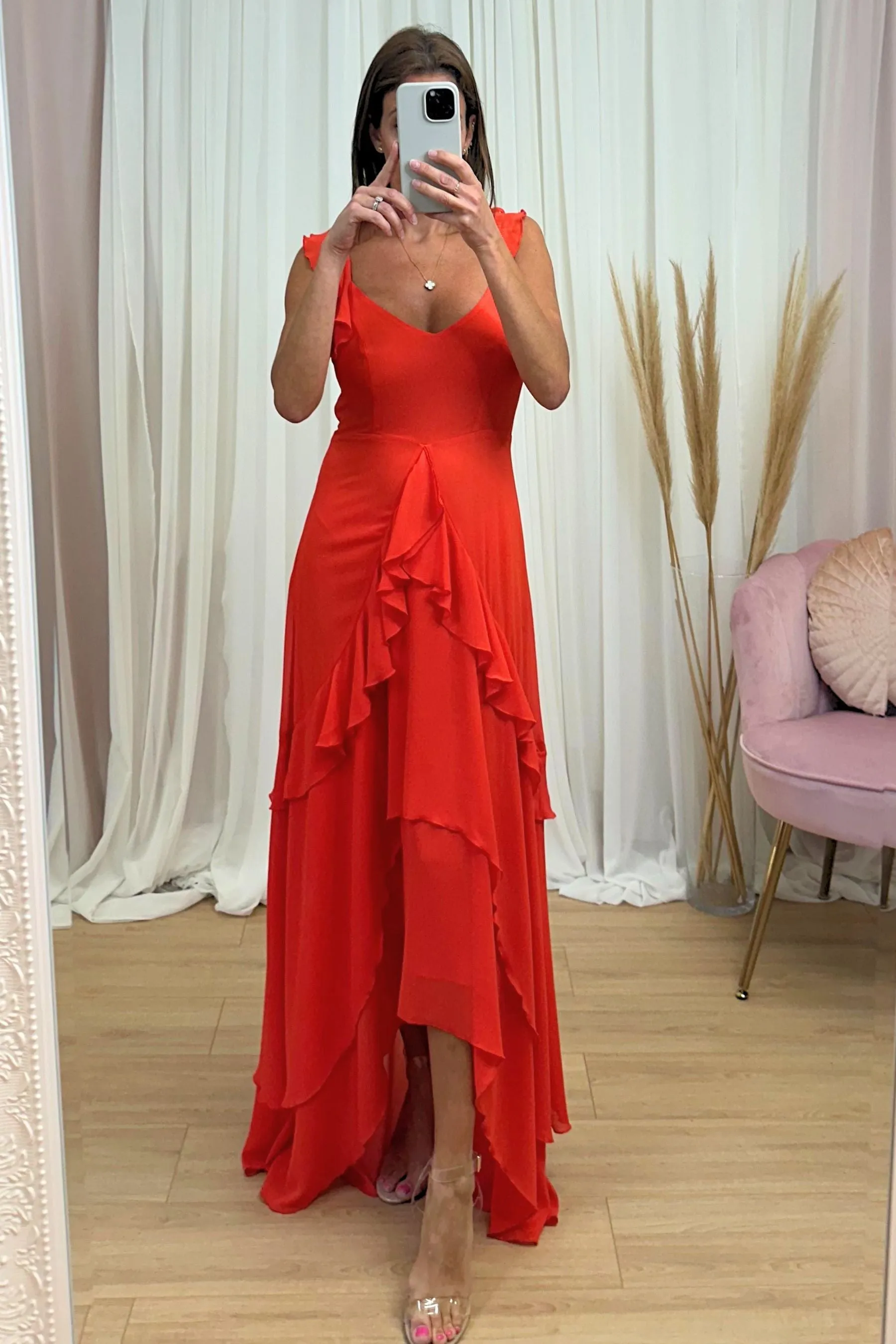 Bella Ruffle Detail Maxi Dress in Red