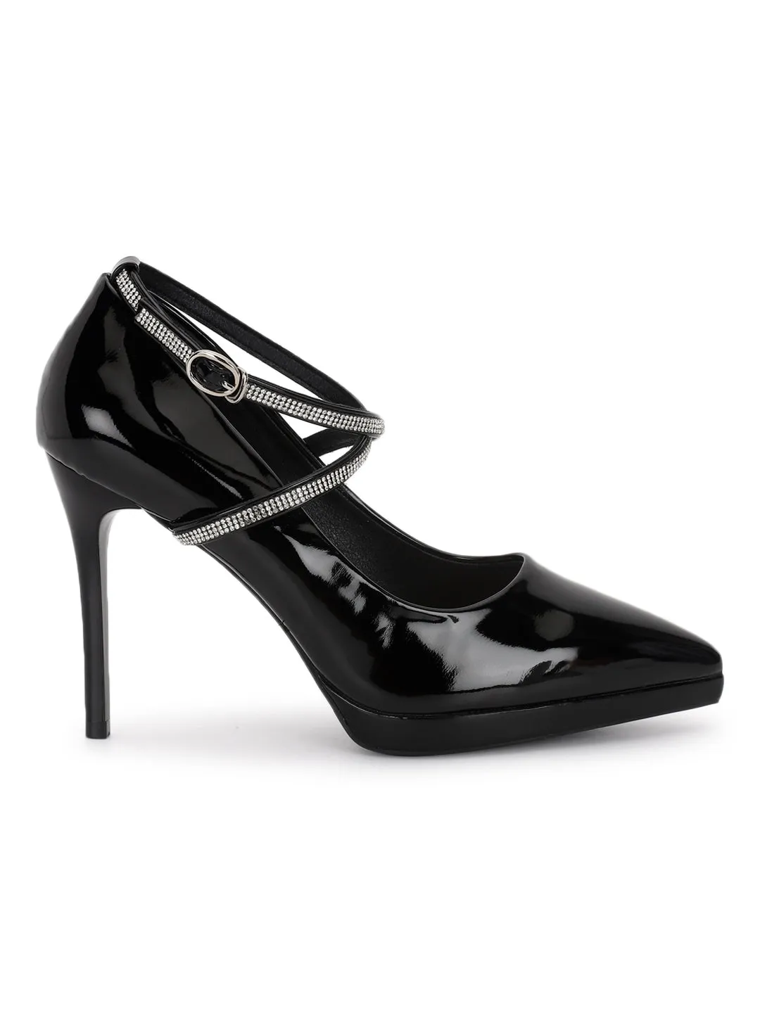 Black Diamante Detail Ankle Strap Pointed Toe Stiletto Court Heel (TC-ML059-BLK)