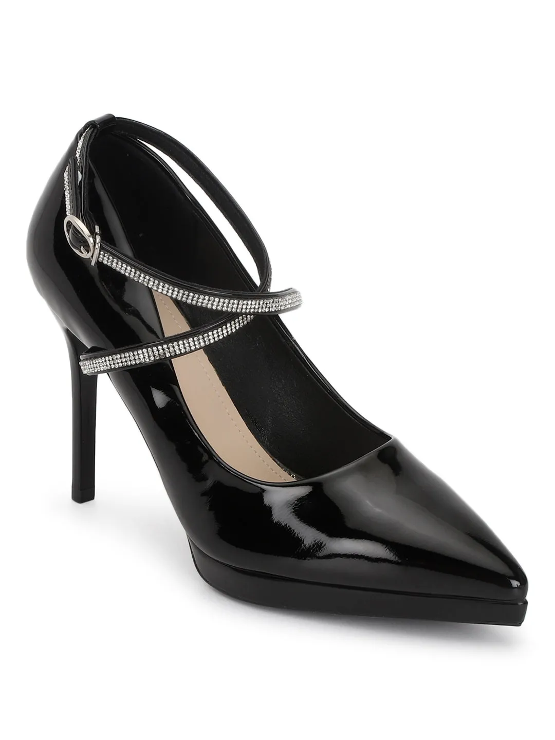 Black Diamante Detail Ankle Strap Pointed Toe Stiletto Court Heel (TC-ML059-BLK)