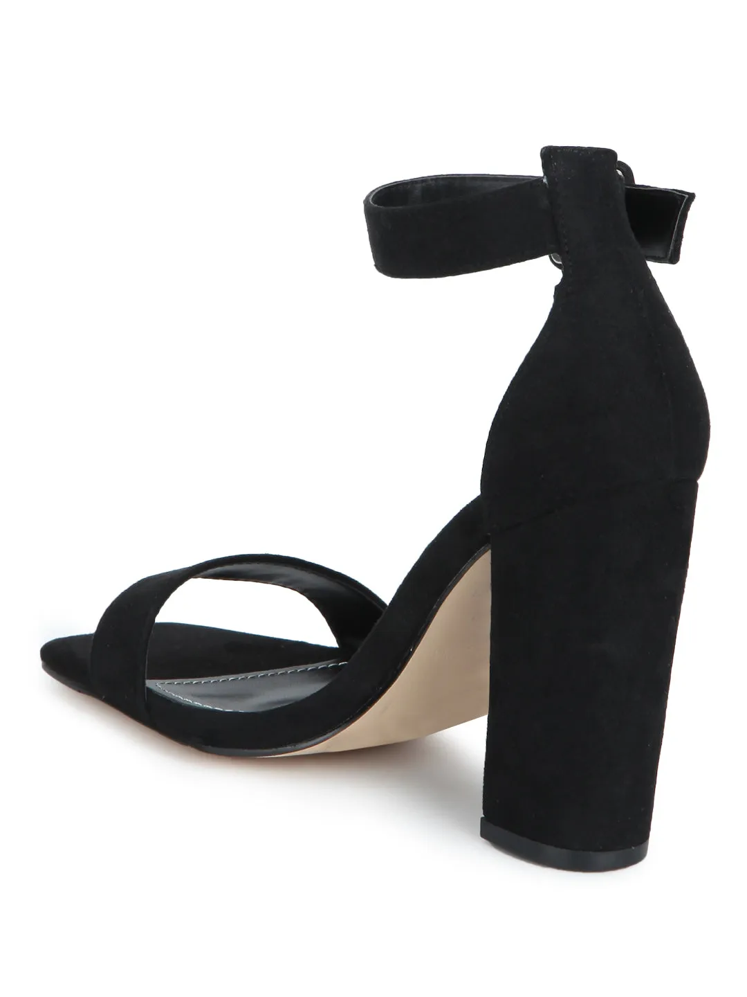 Black Micro Broad Ankle Strap Block Heels