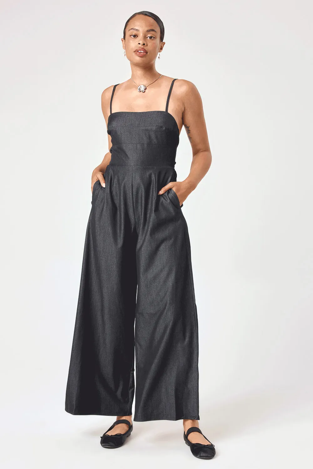 Black Tie Back Stretch Denim Jumpsuit