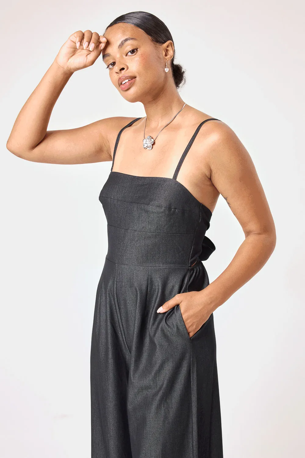 Black Tie Back Stretch Denim Jumpsuit