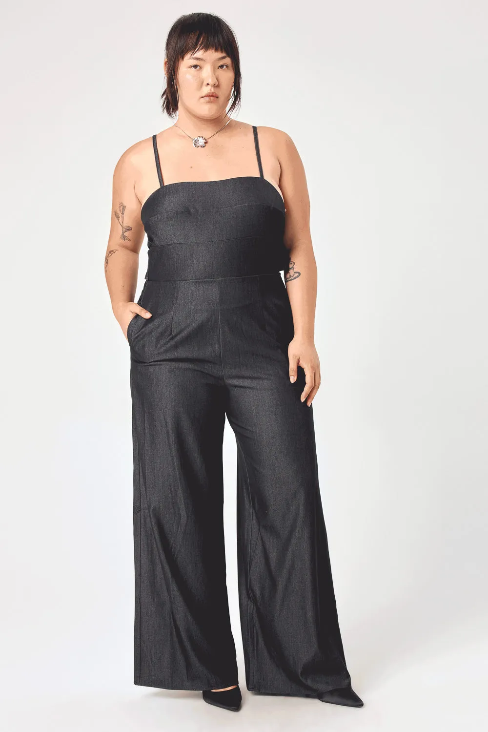 Black Tie Back Stretch Denim Jumpsuit