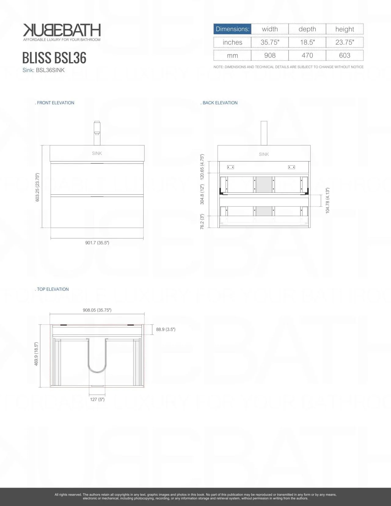 BSL36" High Gloss White, Wall Mount Bathroom Vanity