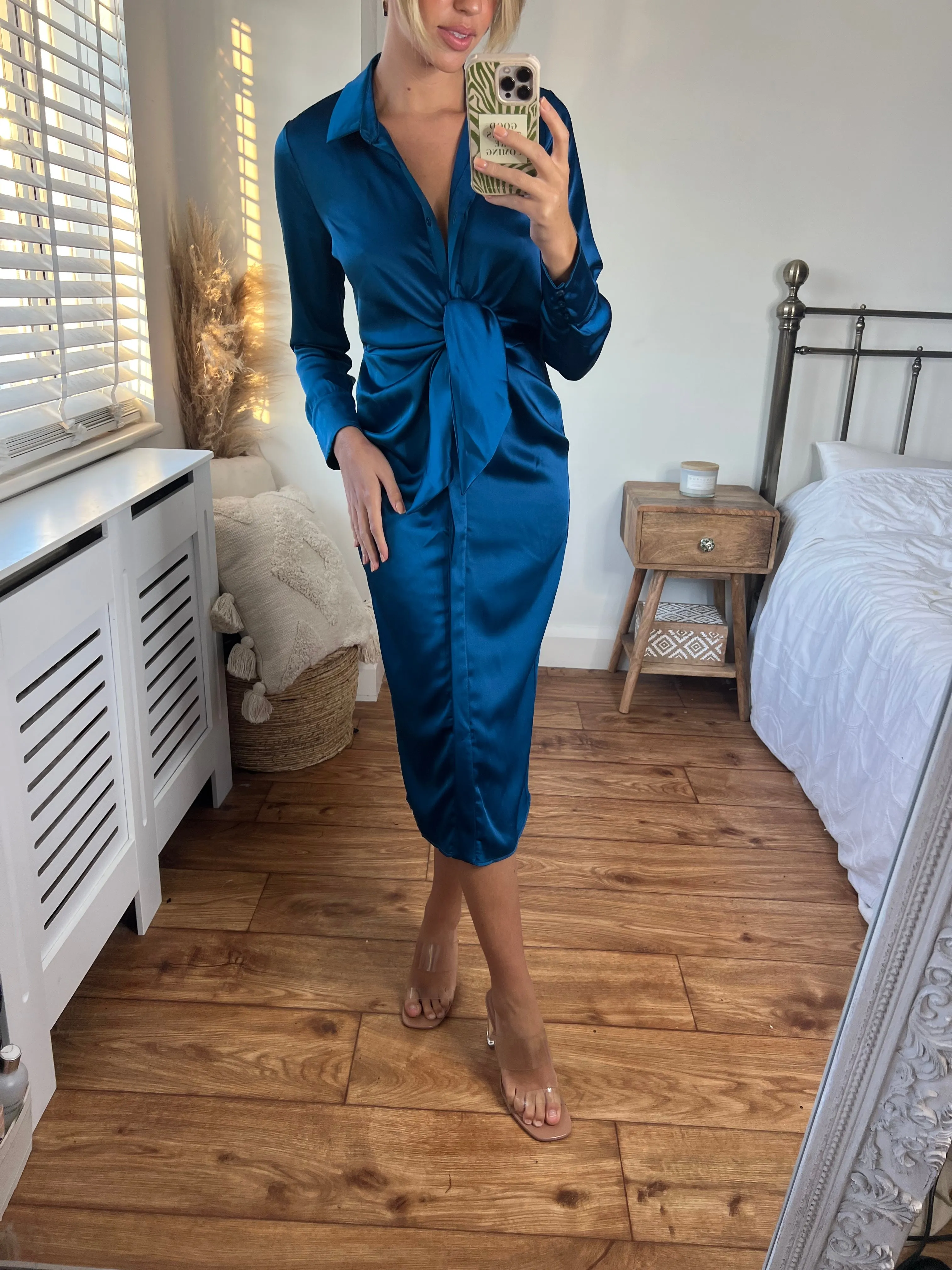 Cassie Tie Front Midi Dress / Peacock Blue