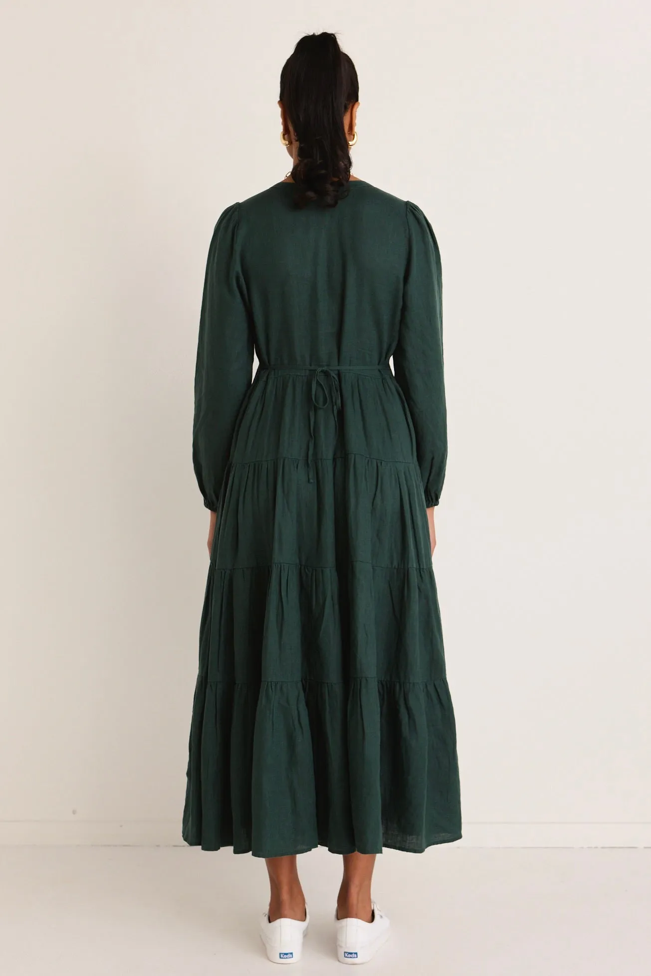 Compelling Dark Forest Linen LS Button Front Tiered Maxi Dress