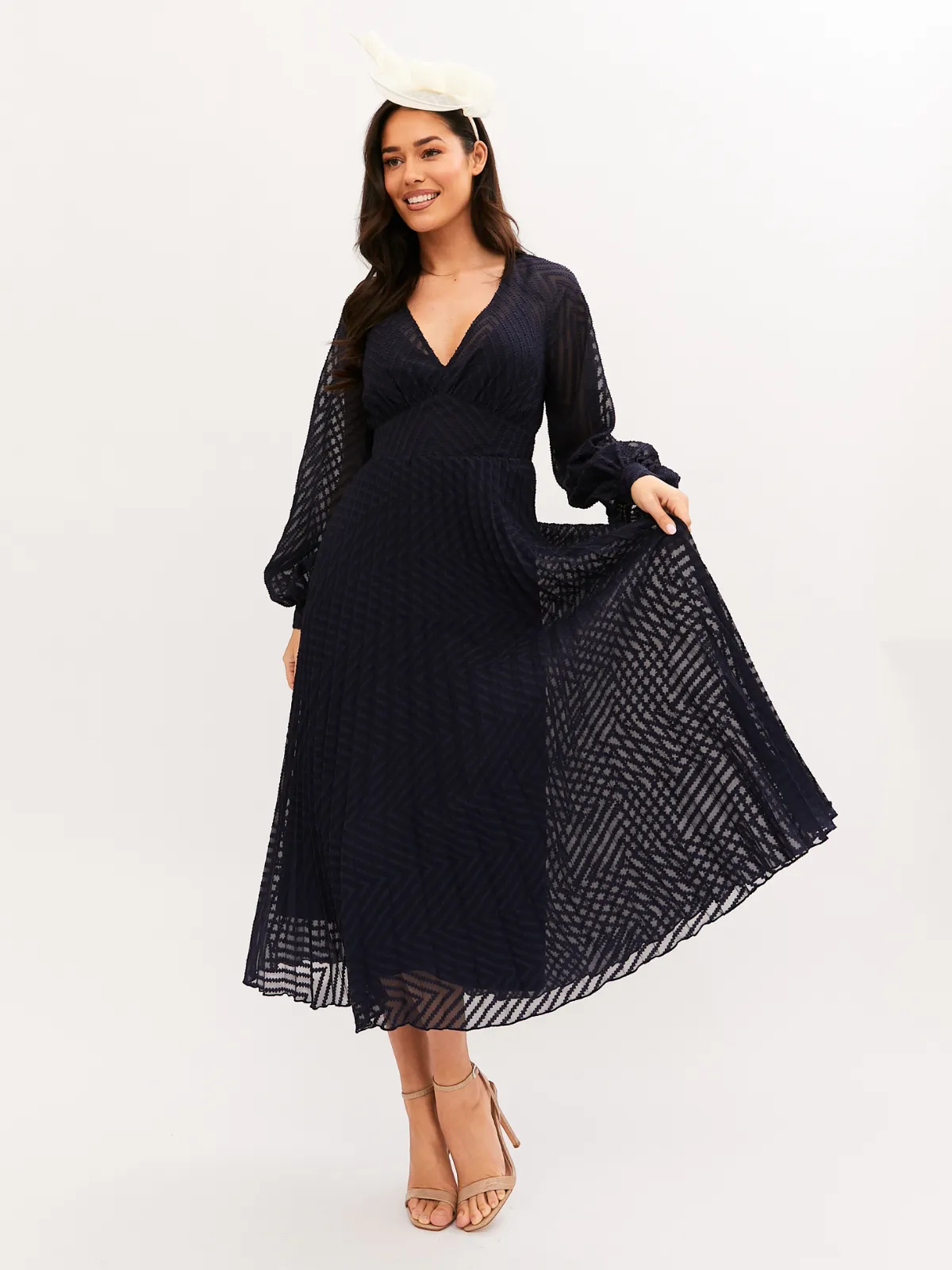 Dannica Pleated Balloon Sleeve Maxi Dress / Navy